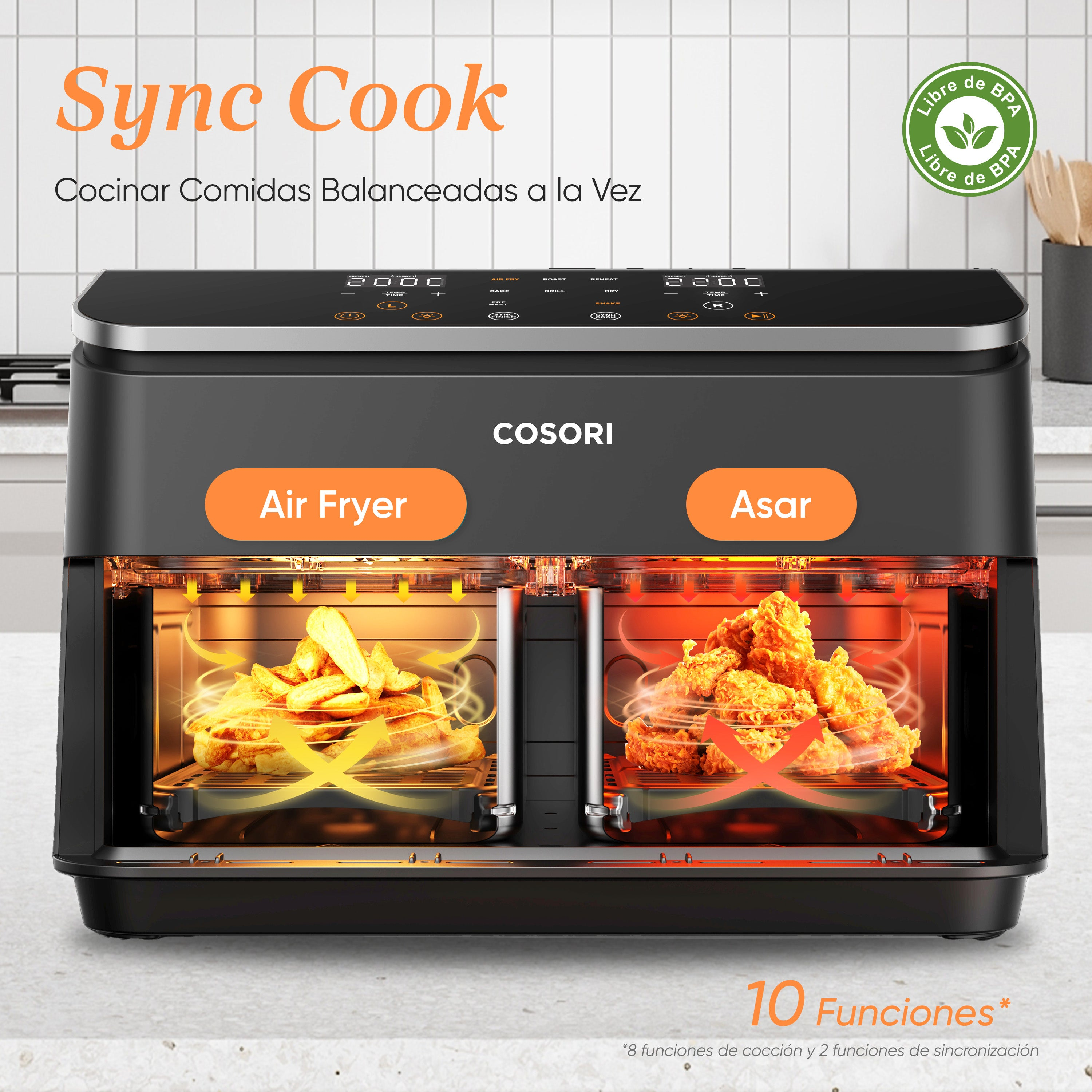 Ein schwarzer Airfryer mit den Aufschriften 'Air Fryer' und 'Asar'. Auf der einen Seite Pommes, auf der anderen Hähnchen.