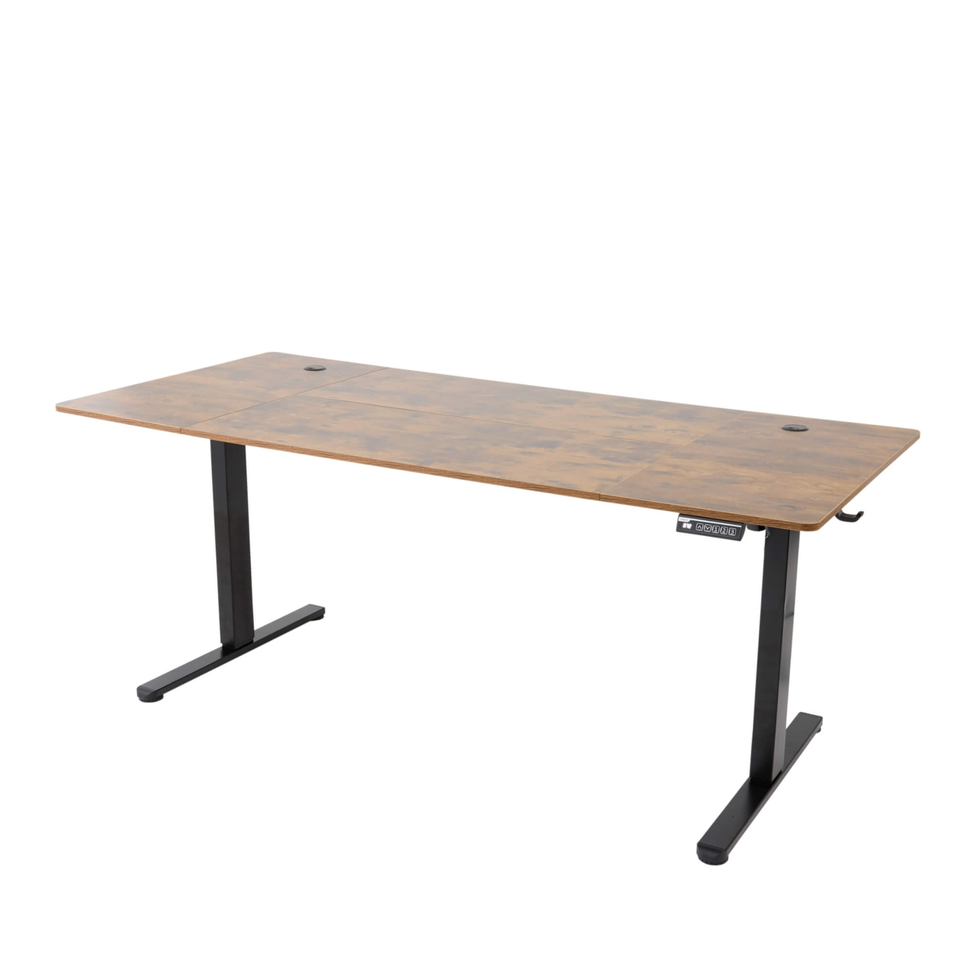 Holzschreibtisch mit schwarzen Beinen, höhenverstellbar, vor weißem Hintergrund. Mit Bedienfeld und zwei Kabellöchern.