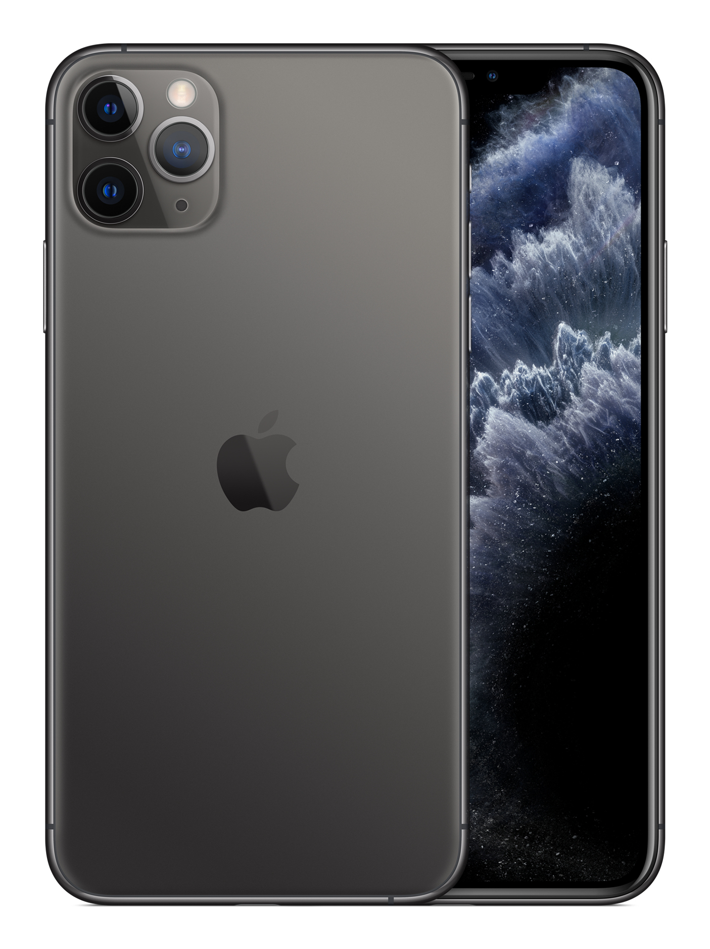Ciemnoszary iPhone 11 Pro, pokazujący tył z trzema aparatami i logo Apple oraz ekran z tapetą mgławicy.