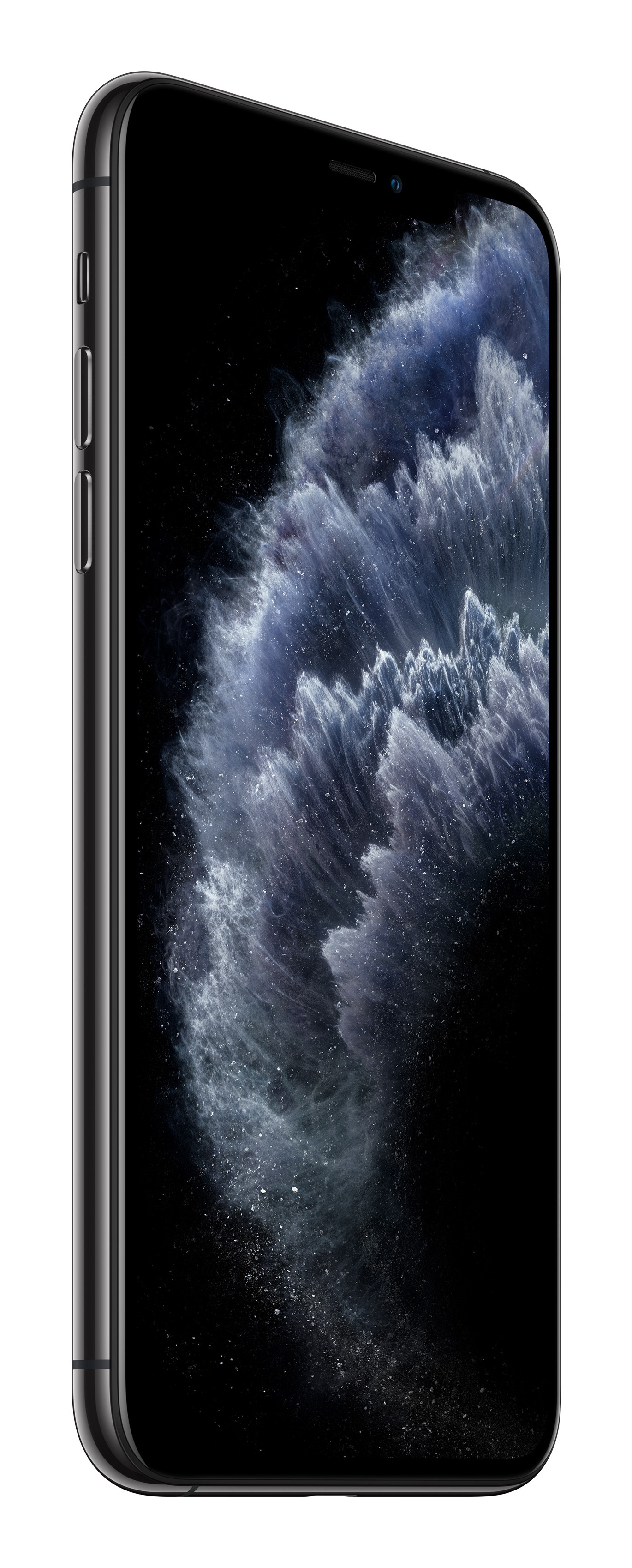 Czarny smartfon z ciemną, chmurkową tapetą pokazany z boku na białym tle.