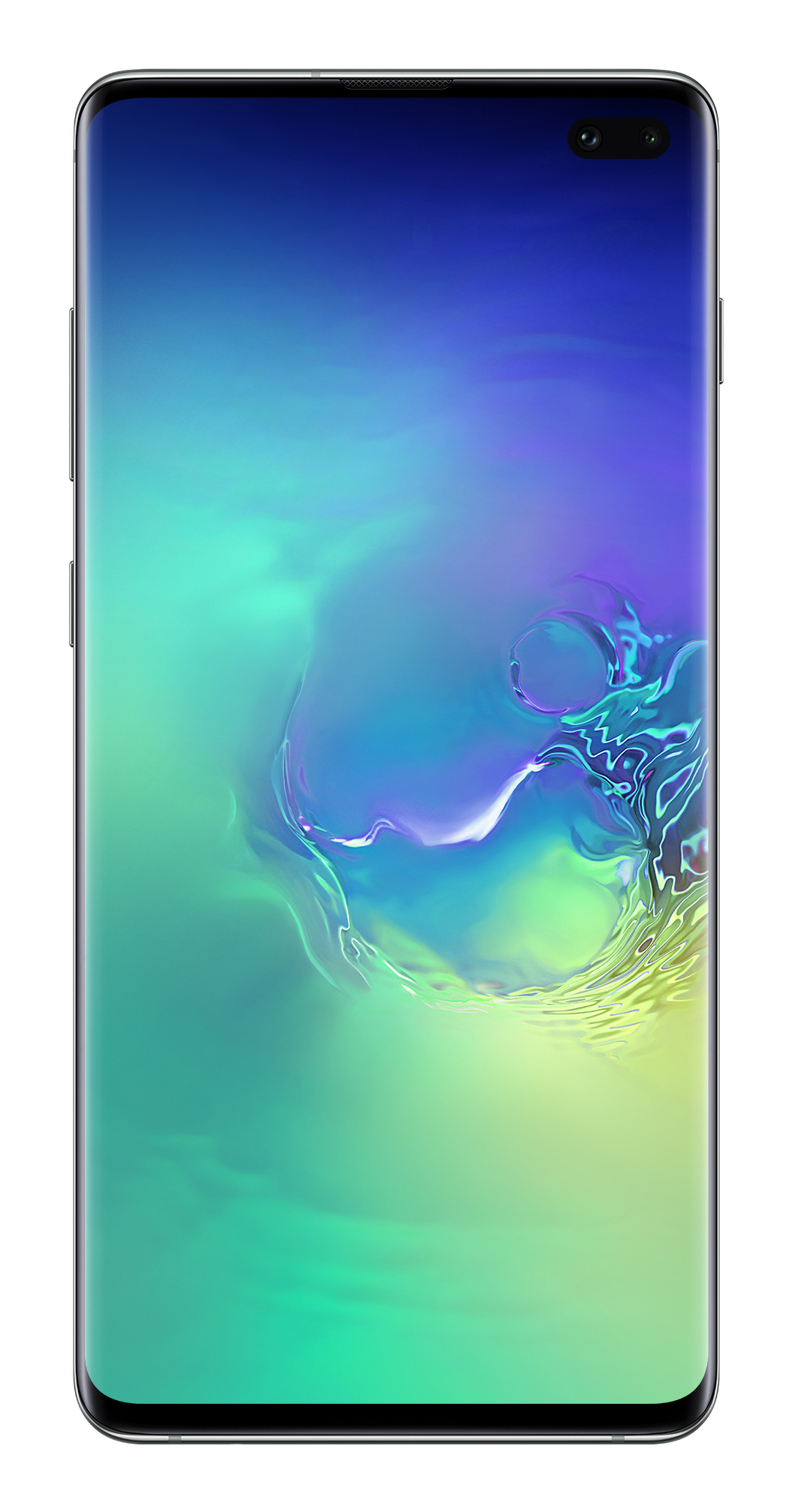 Uno smartphone con display sfumato colorato. Lo schermo mostra tonalità blu, verdi e viola. Il telefono ha un design elegante.
