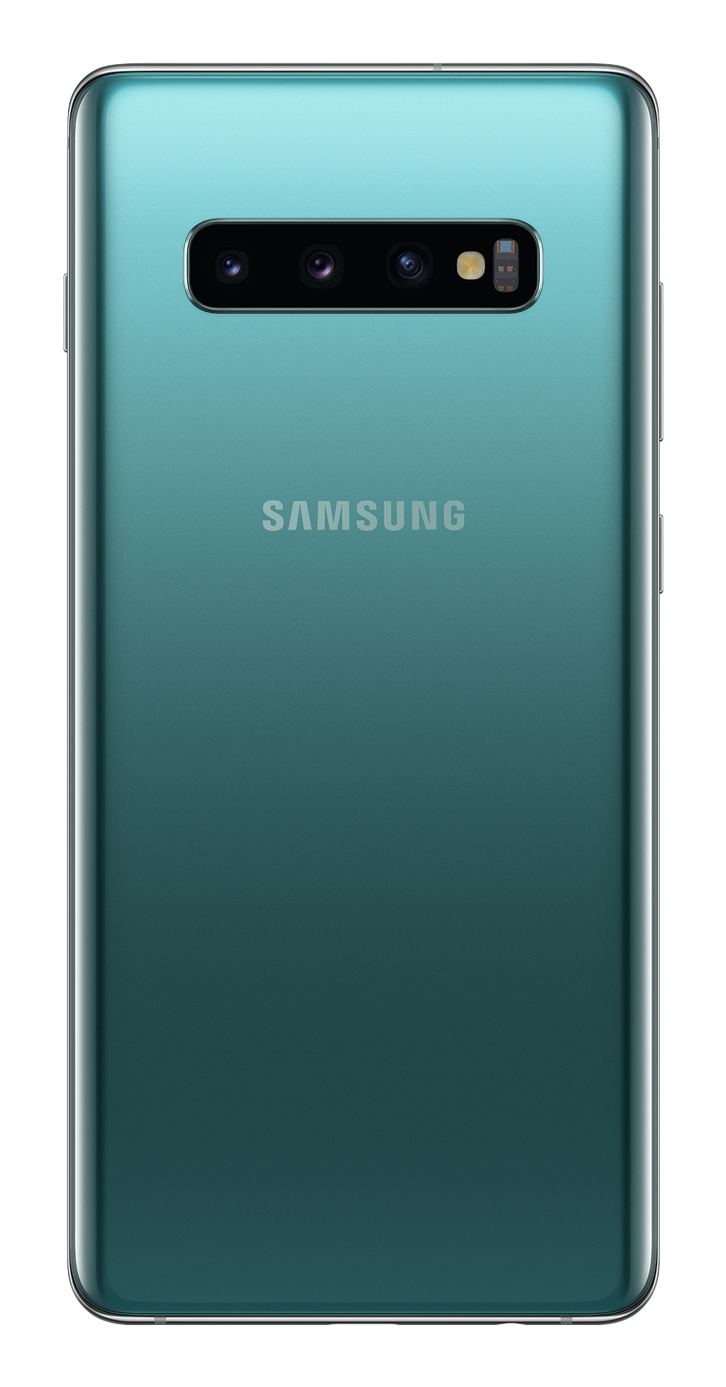 Retro di smartphone con sfumatura verde. Con logo Samsung, tripla fotocamera e flash. Design elegante con cornice metallica.