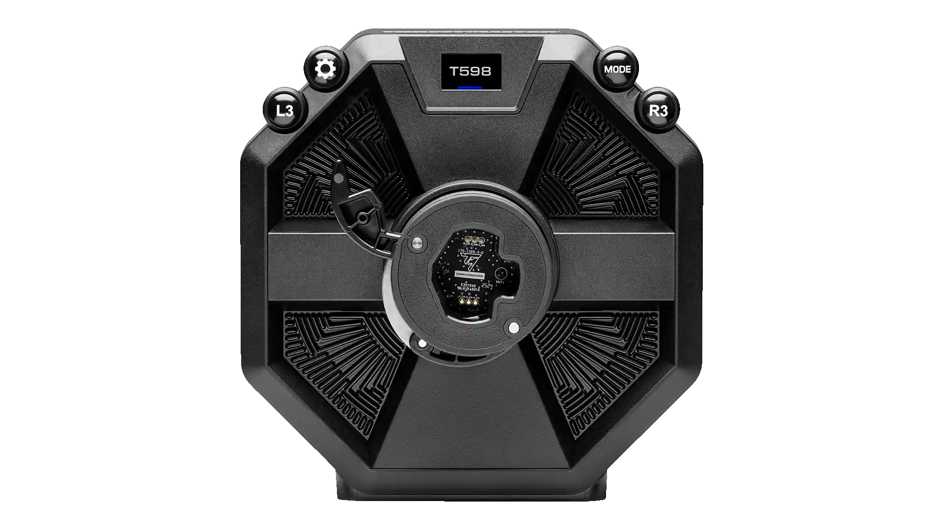 Un dispositivo nero con testo 'T598' e pulsanti di controllo. Presenta intricati motivi geometrici e un componente circolare centrale.