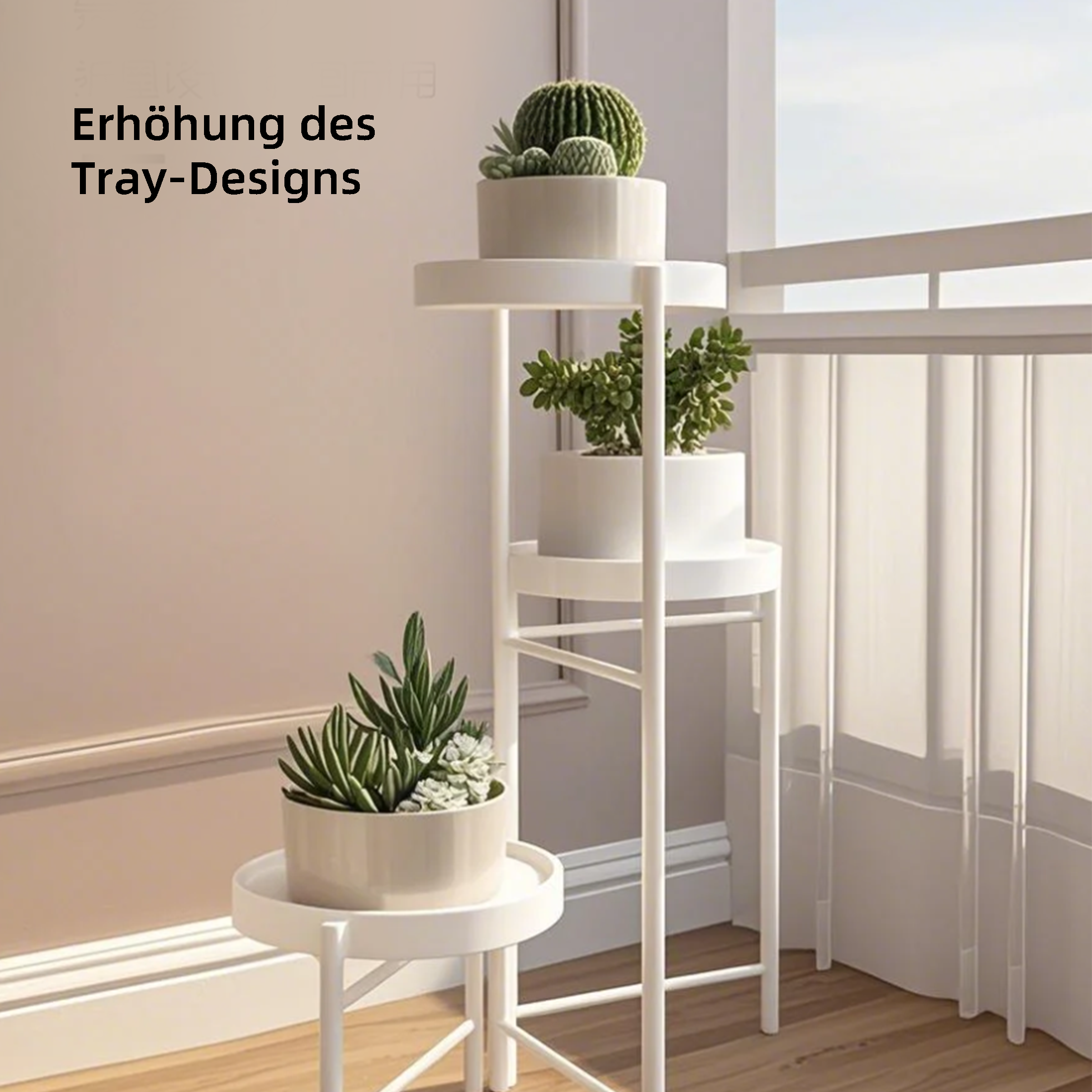 Weiße Pflanzenständer mit Sukkulenten und einem Kaktus. Die Ständer stehen vor einem Fenster und einer beigen Wand.