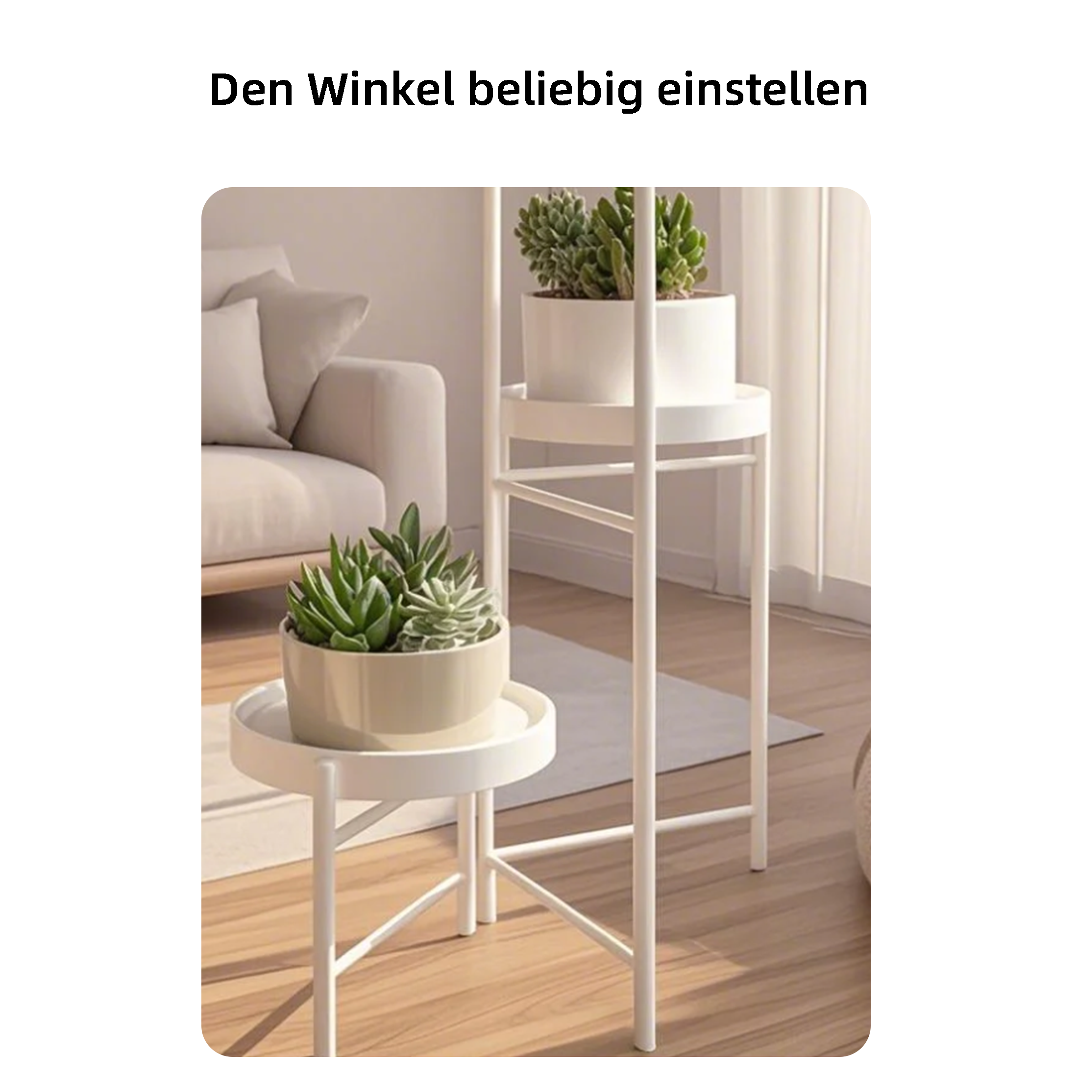 Weiße Pflanzenständer mit Sukkulenten, vor einem cremefarbenen Sofa und Holzboden. Die Ständer befinden sich in einem modernen Innenraum.