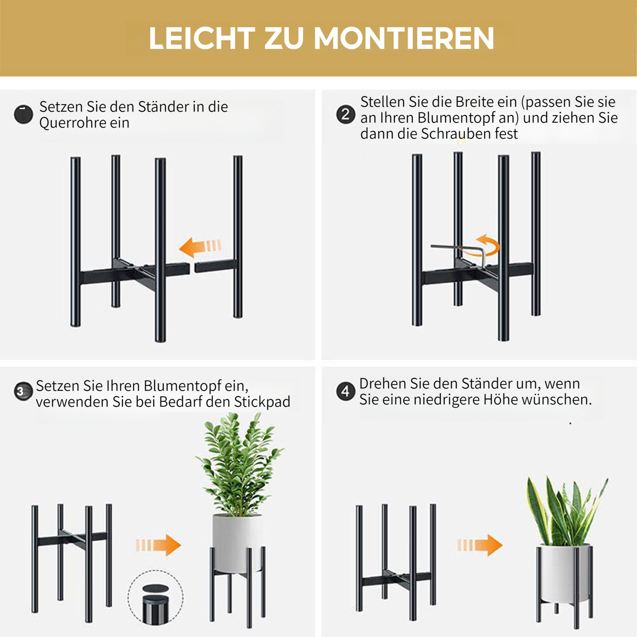 Montageanleitung für einen Pflanzenständer. Schritte zeigen das Verbinden von Teilen, Anpassen der Breite, Einsetzen des Topfes und Invertieren.