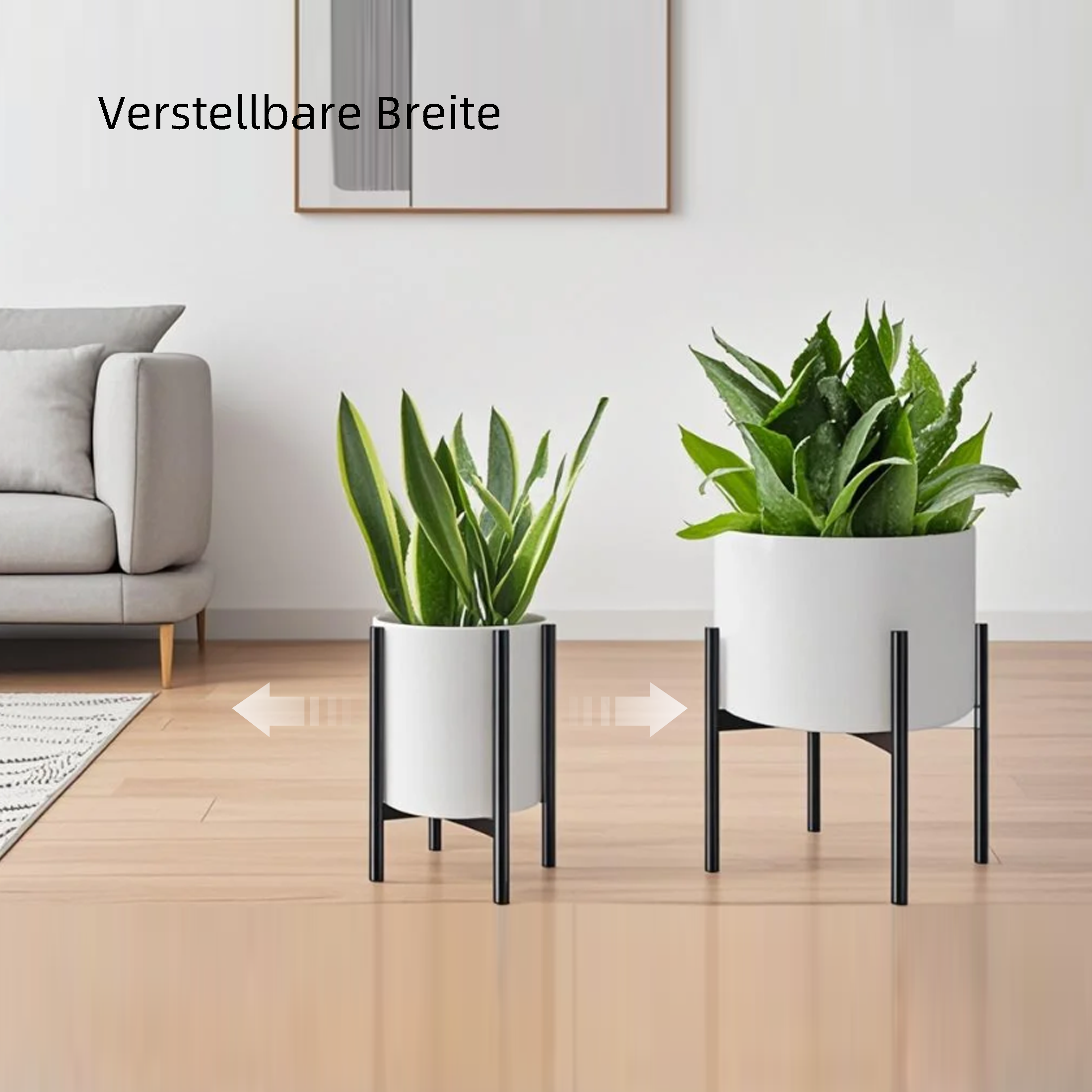 Zwei weiße Pflanzgefäße mit Pflanzen auf schwarzen Ständern. Pfeile zeigen verstellbare Breite.