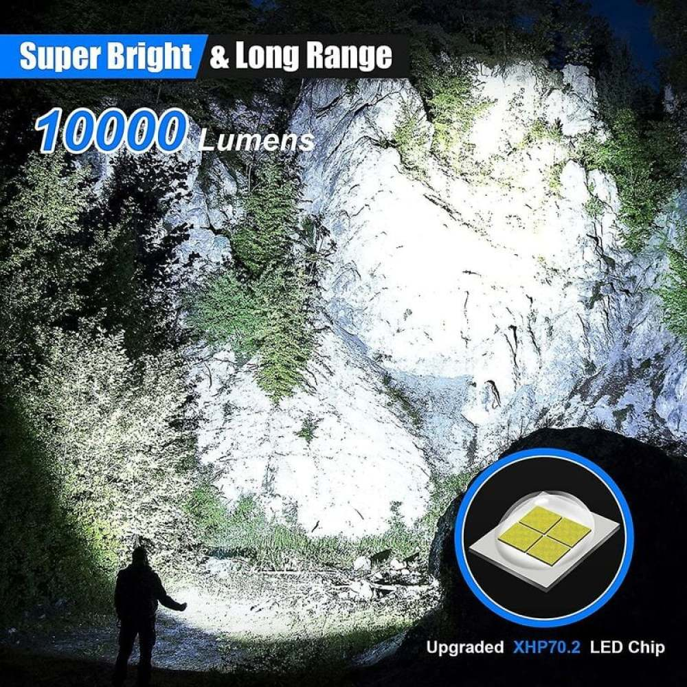 Eine Person leuchtet mit hellem Licht auf eine Felswand. Text sagt "Super Hell & Große Reichweite 10000 Lumen". LED-Chip-Grafik.