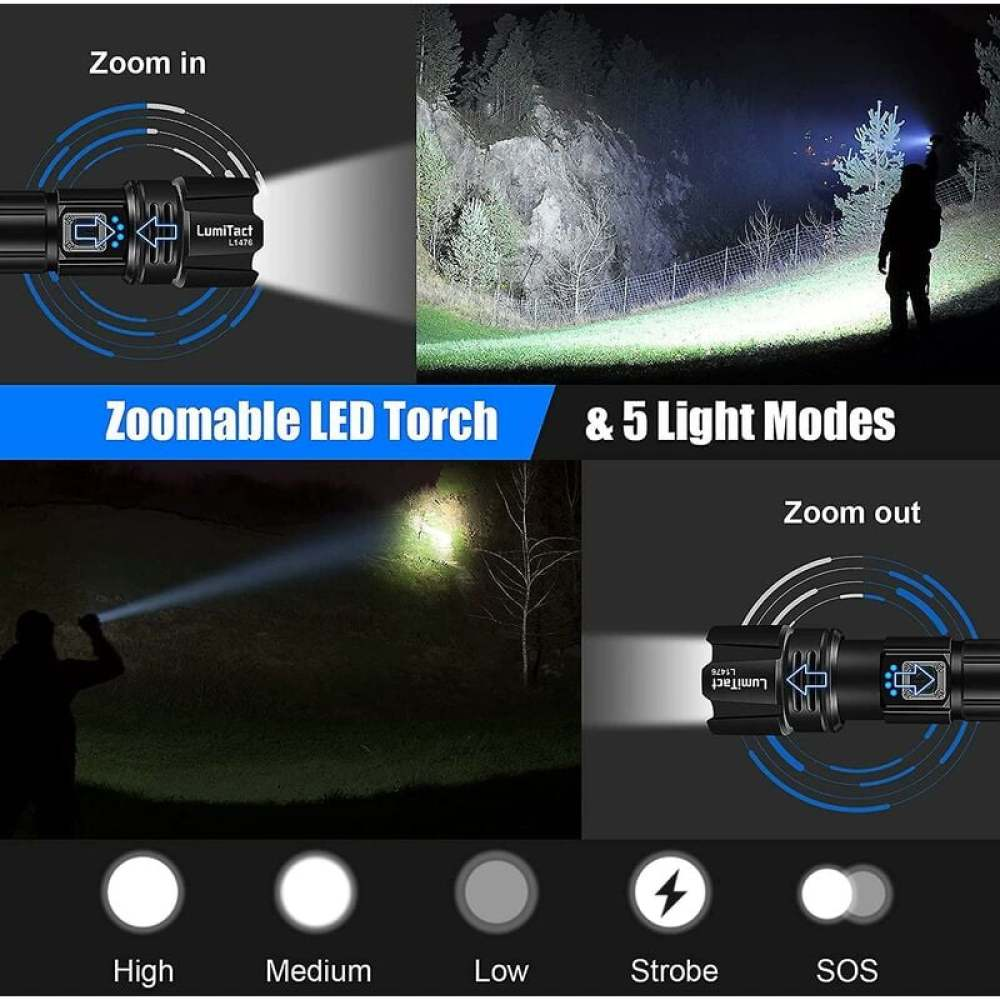 Eine schwarze, zoombare LED-Taschenlampe mit 5 Lichtmodi wird gezeigt. Zoom-in- und Zoom-out-Funktionen werden angezeigt. Hohe, mittlere, niedrige, Stroboskop- und SOS-Modi werden gezeigt.