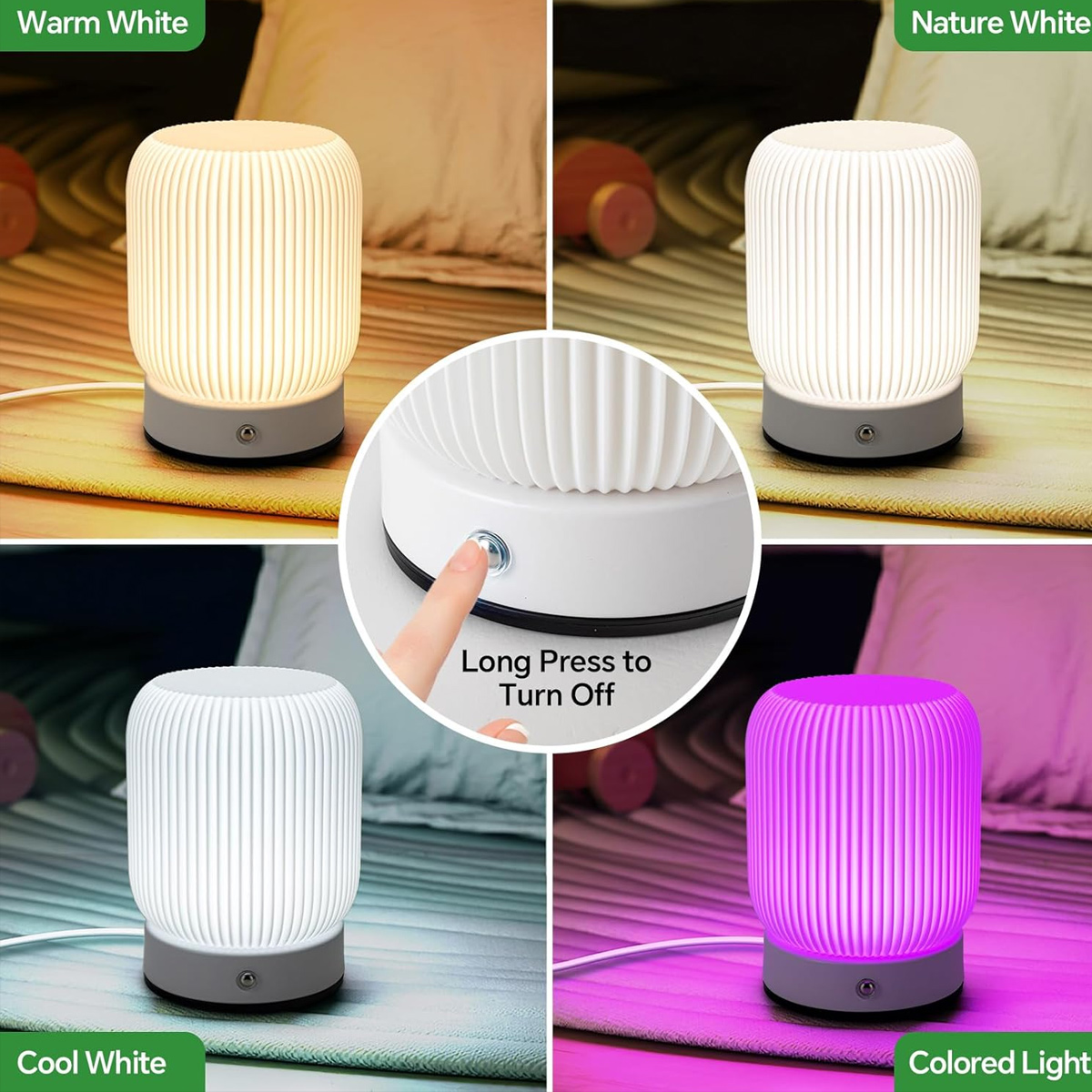 Vier Bilder einer geriffelten Lampe mit verschiedenen Lichtfarben. Die Lampe hat einen grauen Sockel und einen Knopf. Ein Finger drückt den Knopf.