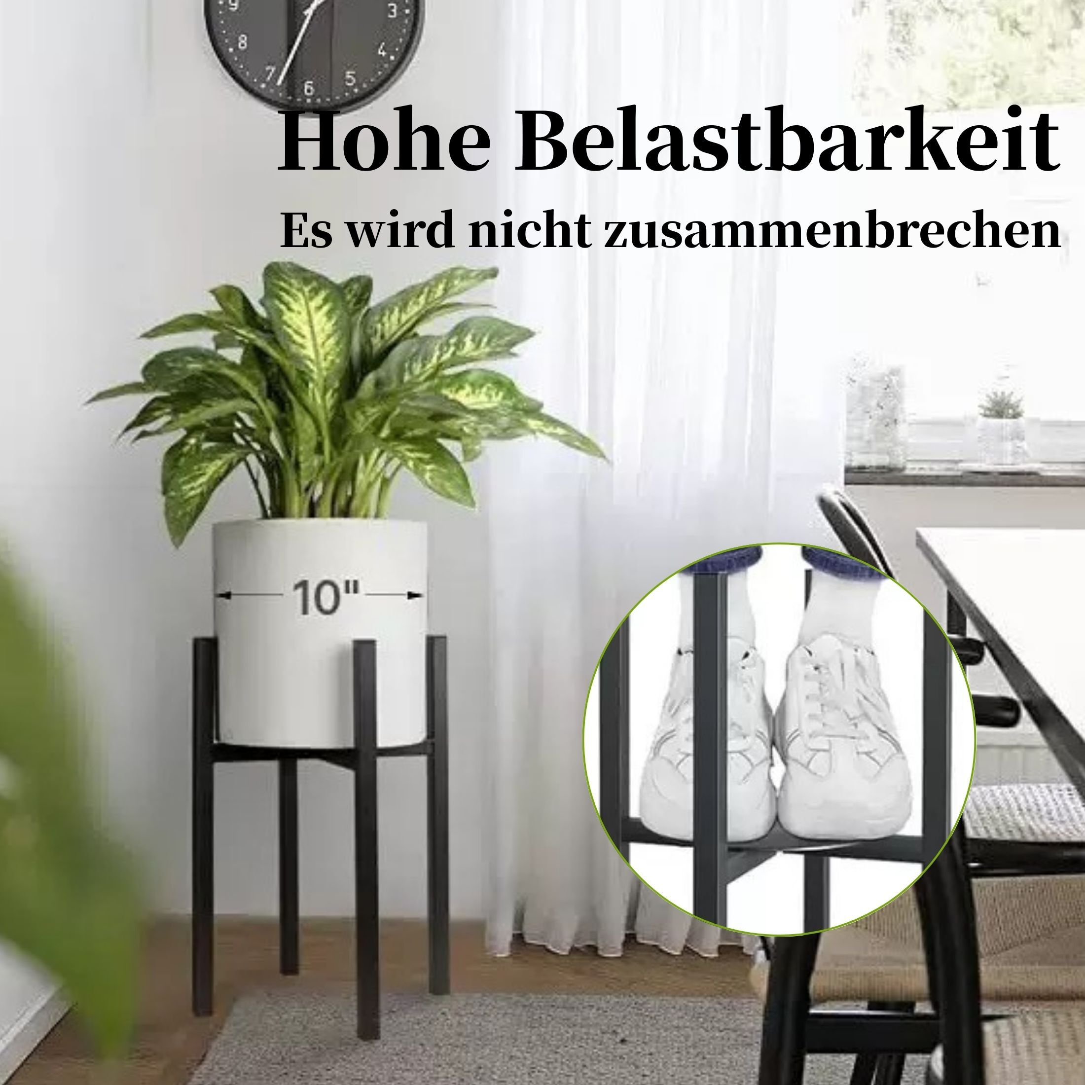 Eine Pflanze in einem weißen Topf auf einem schwarzen Ständer. Der Text oben lautet 'Hohe Belastbarkeit'.