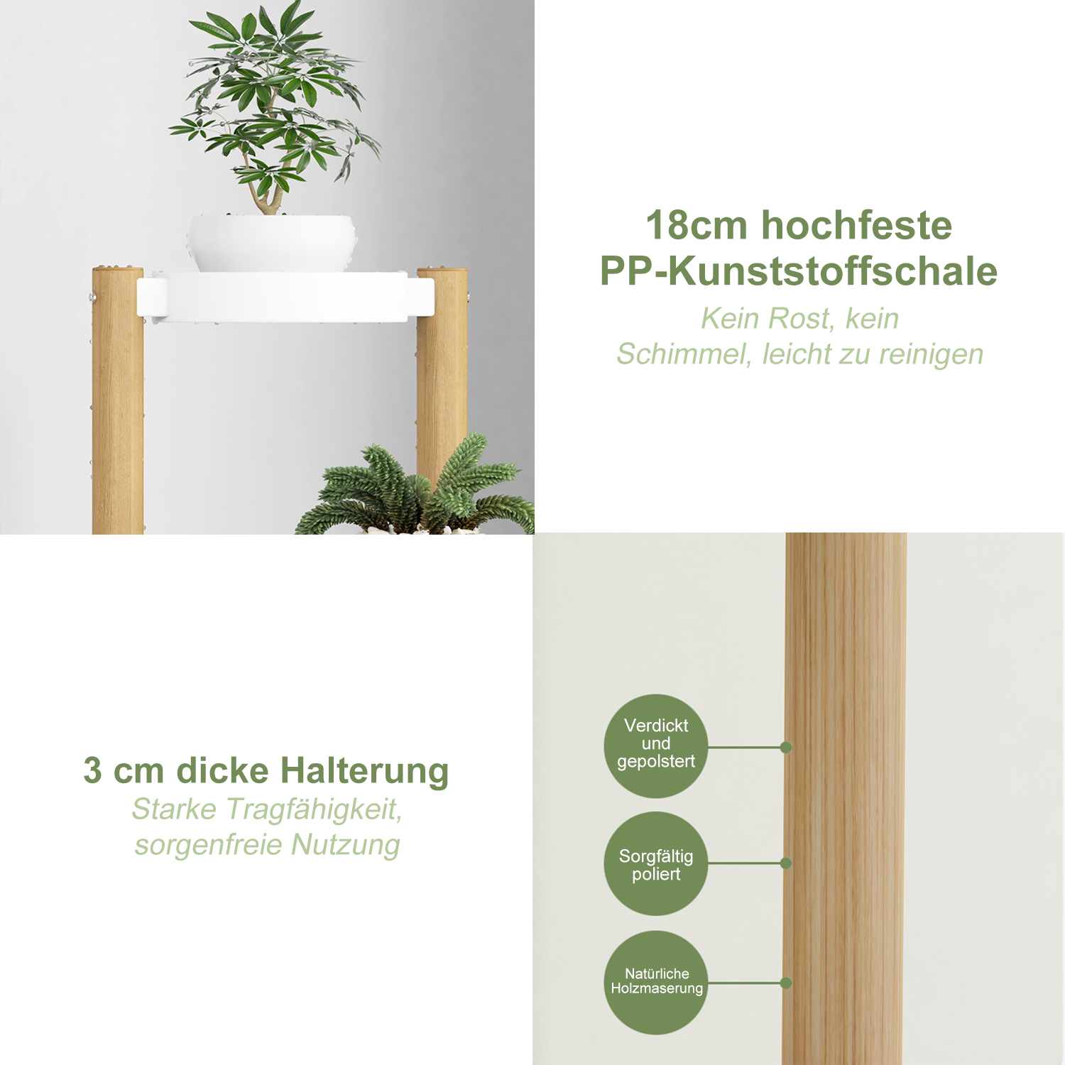Eine Pflanze in einem weißen Topf steht auf einem weißen Regal. Das Regal wird von Holzbeinen getragen. Text auf Deutsch beschreibt die Merkmale.