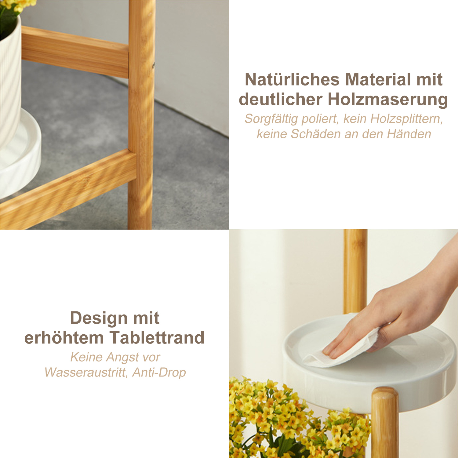 Ein Beistelltisch aus Bambus mit einer weißen Ablage. Eine Hand wischt die Ablage ab. Gelbe Blumen sind im Vordergrund.