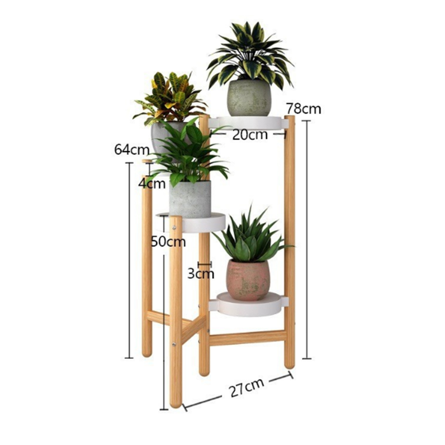 Pflanzenständer aus Holz mit drei Ebenen, jede mit Topfpflanzen. Abmessungen: Höhe 78 cm, Breite 27 cm.