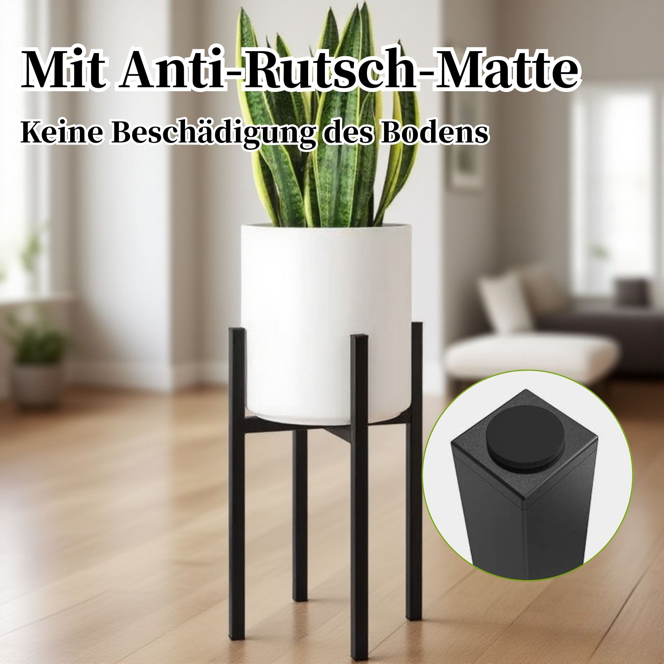 Ein weißer Topf mit einer Pflanze auf einem schwarzen Ständer. Text auf Deutsch: 'Anti-Rutsch-Matte'.