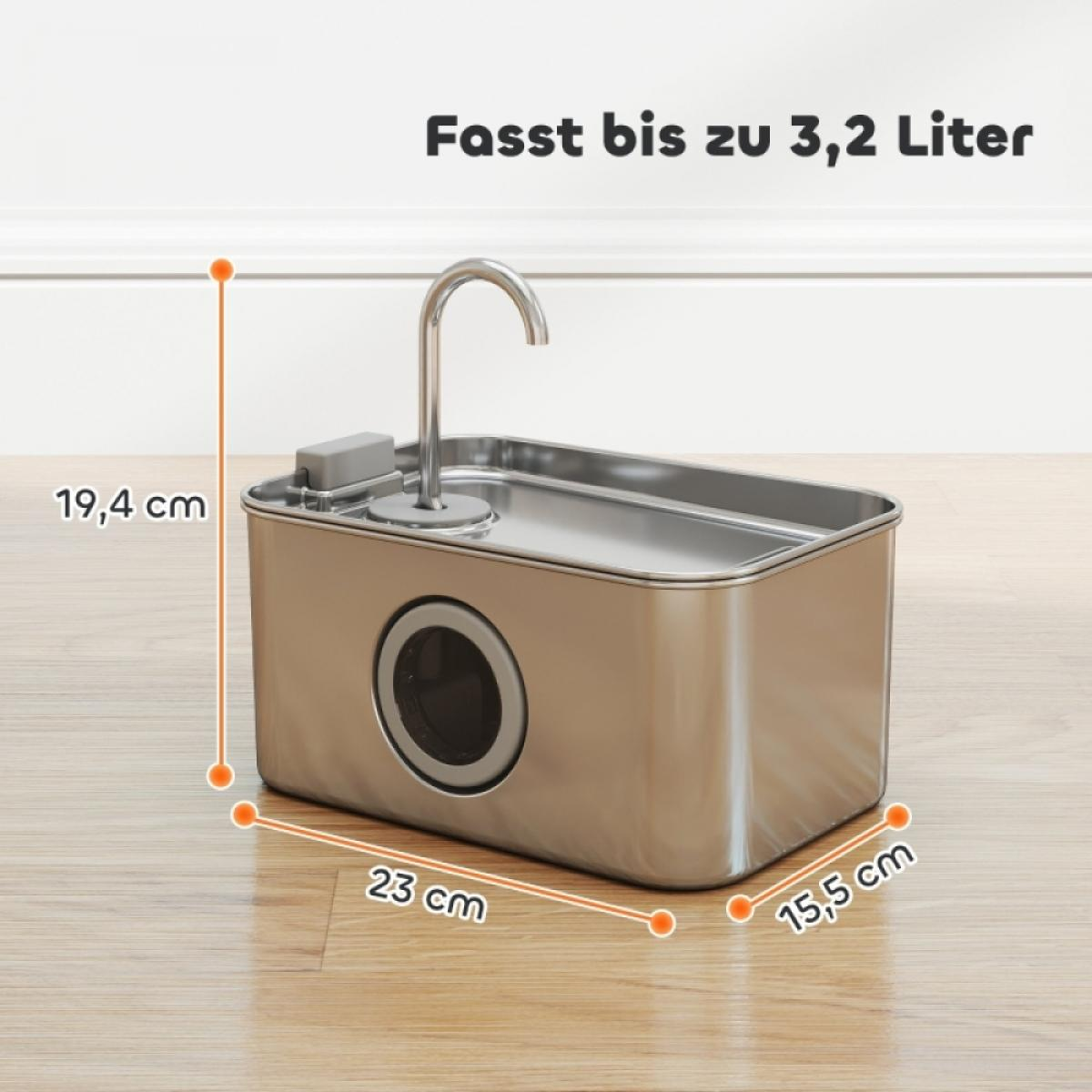 Edelstahl-Wasserspender mit Maßangaben. Er hat einen Wasserhahn, ein rundes Sichtfenster und den Text 'Fasst bis zu 3,2 Liter'.