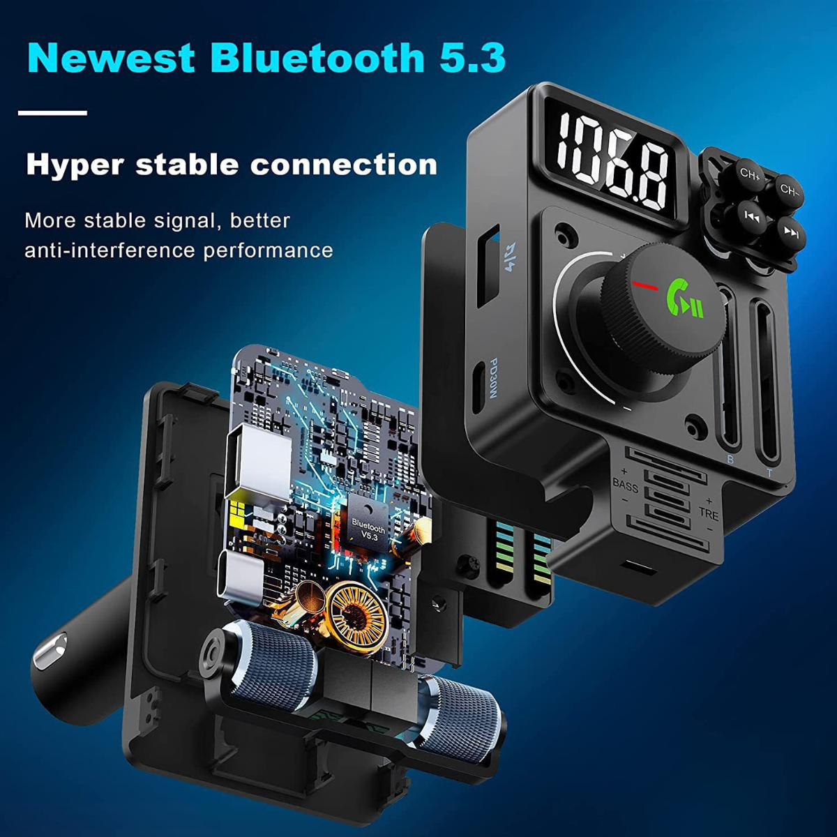 Schwarzes Bluetooth 5.3-Gerät mit digitaler Anzeige, die 106.8 anzeigt. Interne Komponenten sind sichtbar, mit dem Text 'Bluetooth V5.3'.