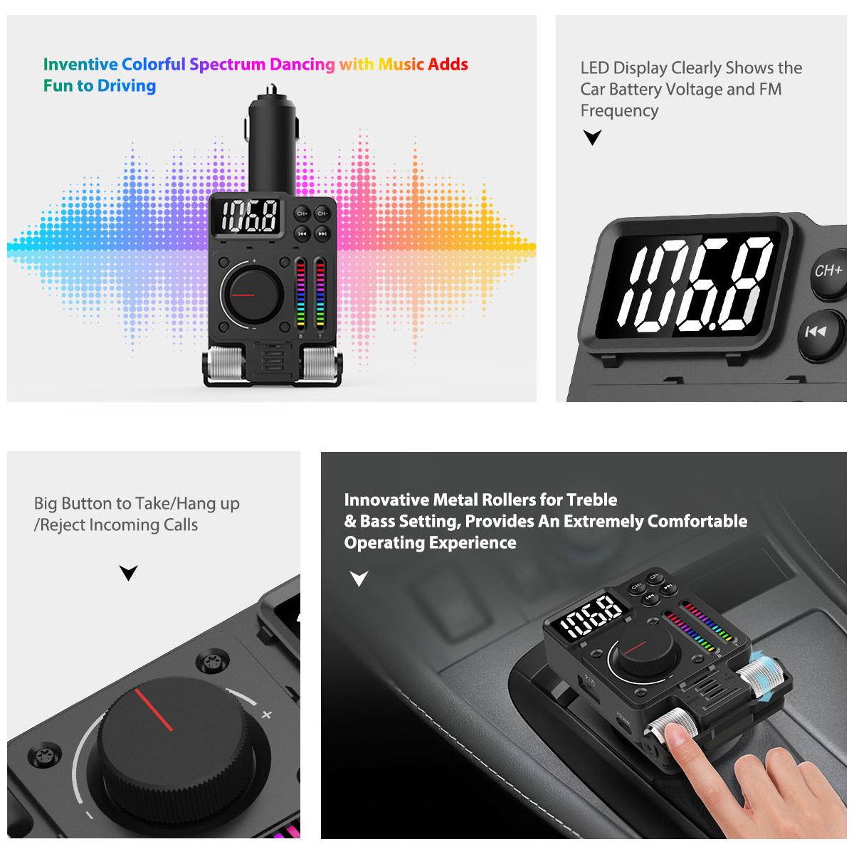 Ein Auto-Audiogerät mit digitaler Anzeige der Radiofrequenz. Es hat Tasten und ein farbenfrohes Spektrum-Design.