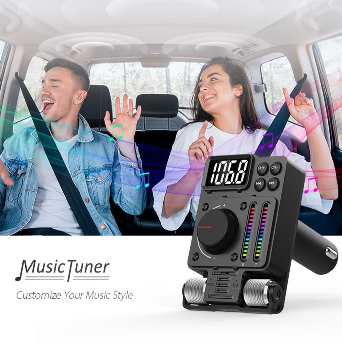 Autoinnenraum mit zwei tanzenden Personen. Ein Musik-Tuner im Vordergrund. Musiknoten im Hintergrund.