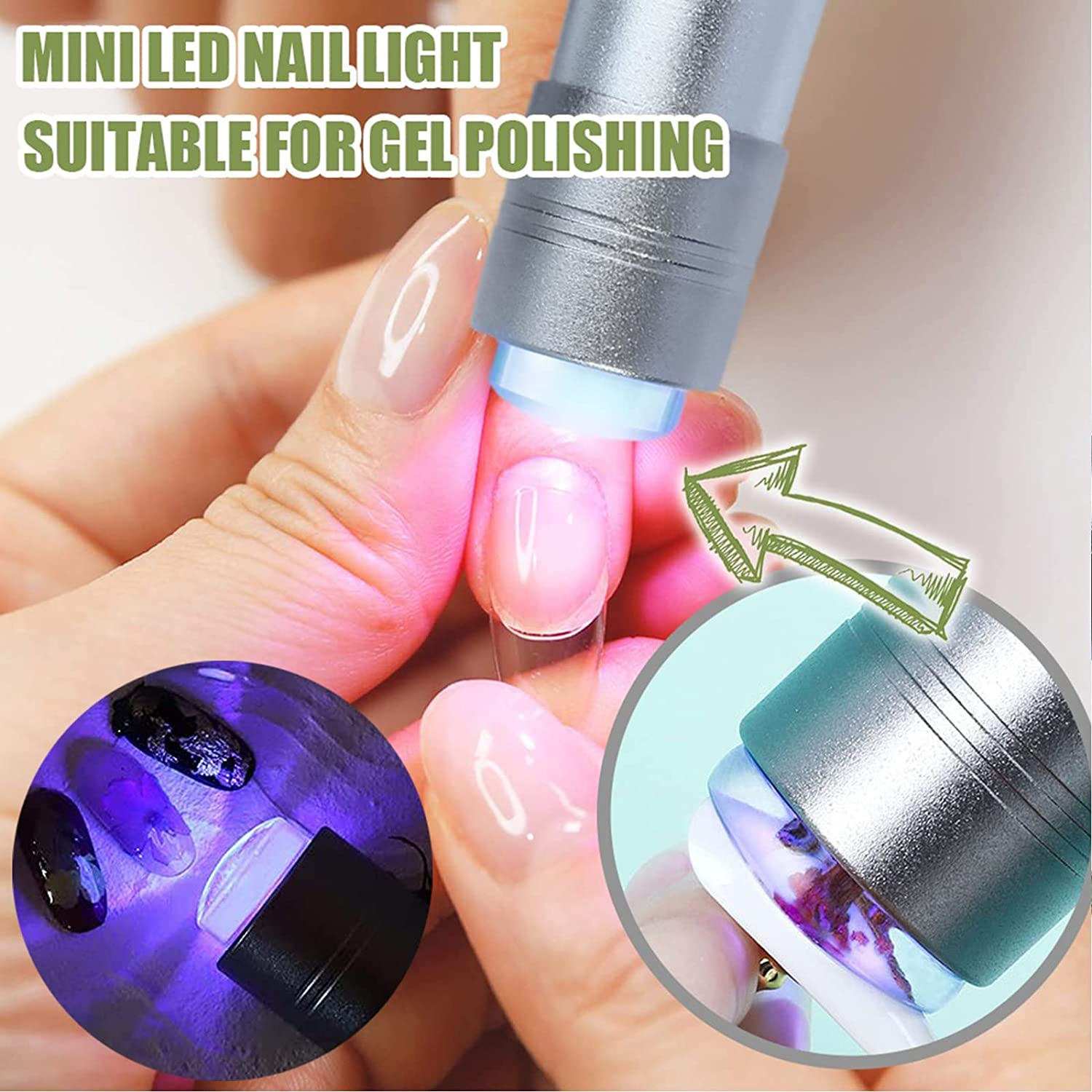 Eine Hand mit einem Nagel unter einer Mini-LED-Nagellampe. Das Licht härtet Gellack aus. Es gibt auch Nahaufnahmen von Nägeln mit Lack.