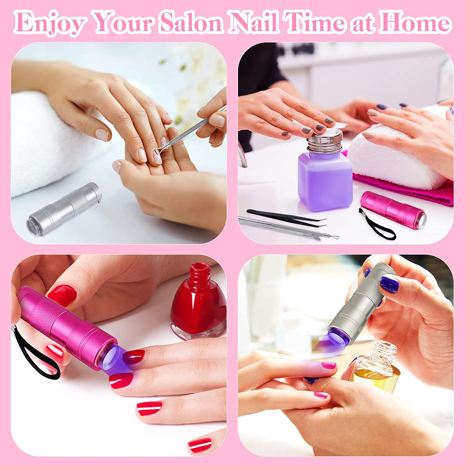 Collage zur Nagelpflege. Hände, die Werkzeuge und UV-Lampen verwenden. Flaschen mit Nagellackentferner und Nagellack sind ebenfalls vorhanden.