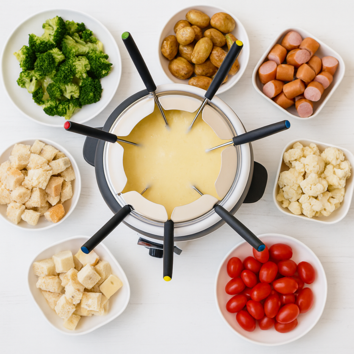 Un set per fonduta di formaggio circondato da ciotole di broccoli, patate, salsicce, cavolfiori, pomodori e crostini.
