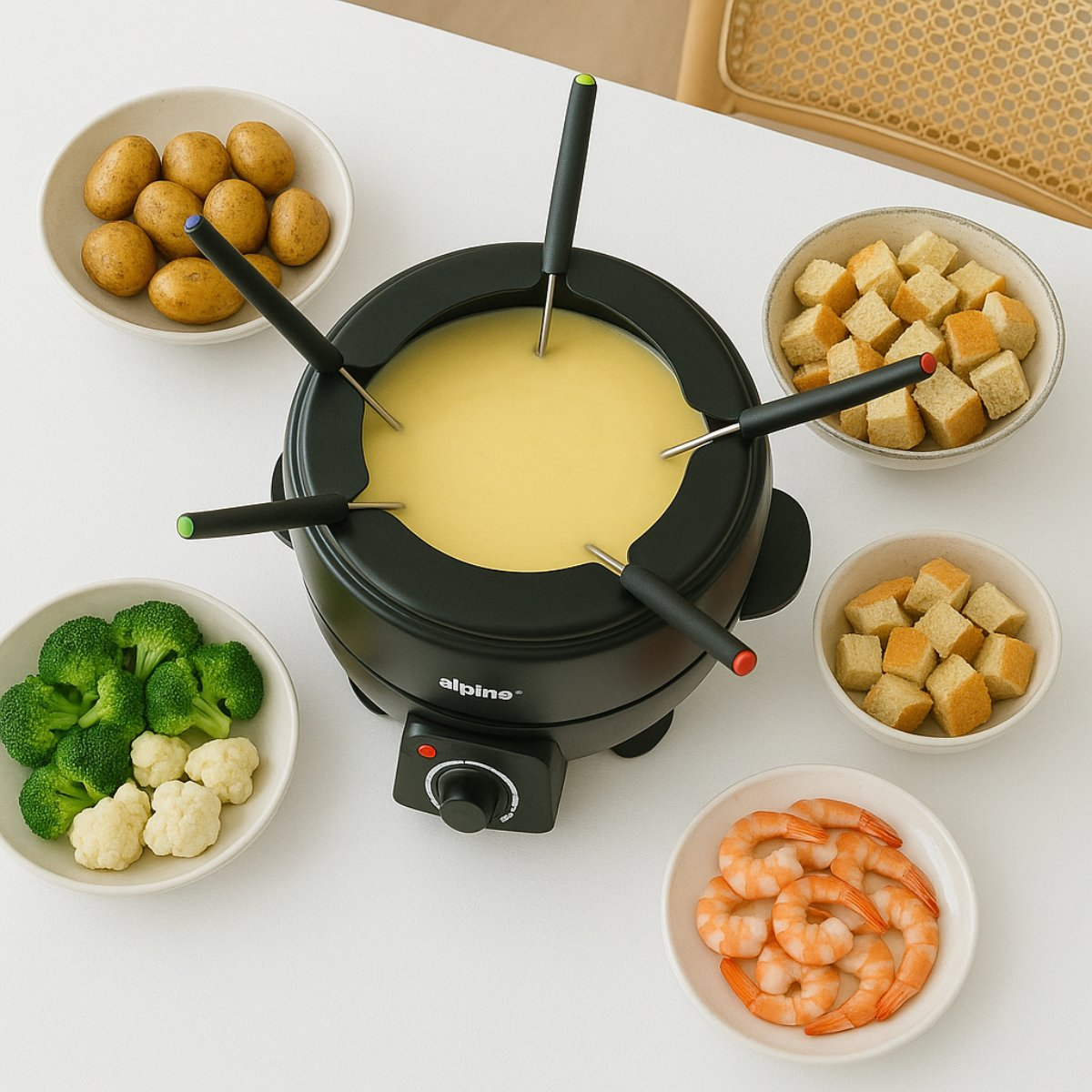 Ein schwarzer Fonduetopf mit Käse, umgeben von Schalen mit Kartoffeln, Brotwürfeln, Brokkoli, Blumenkohl und Garnelen.