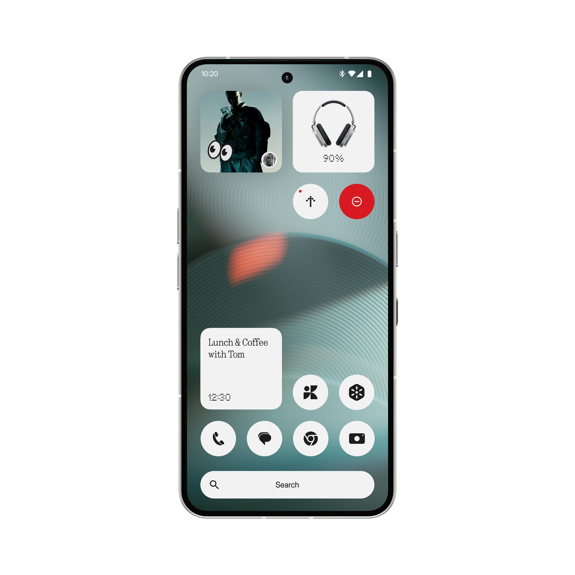 Ekran smartfona wyświetlający widżety: czas, osoba, słuchawki, kalendarz i ikony z paskiem wyszukiwania.