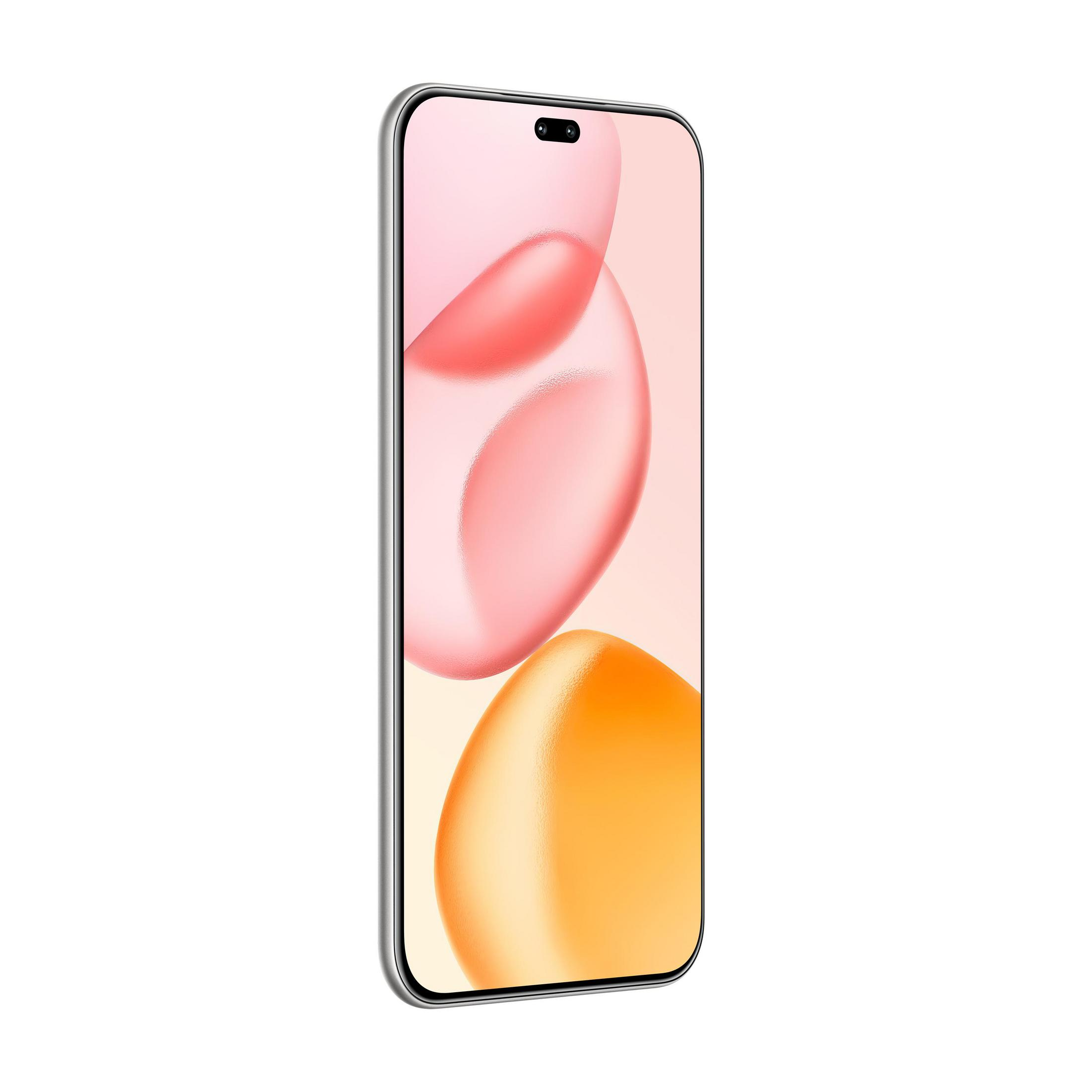 Smartfon na białym tle. Ekran ma różowe i pomarańczowe abstrakcyjne kształty.