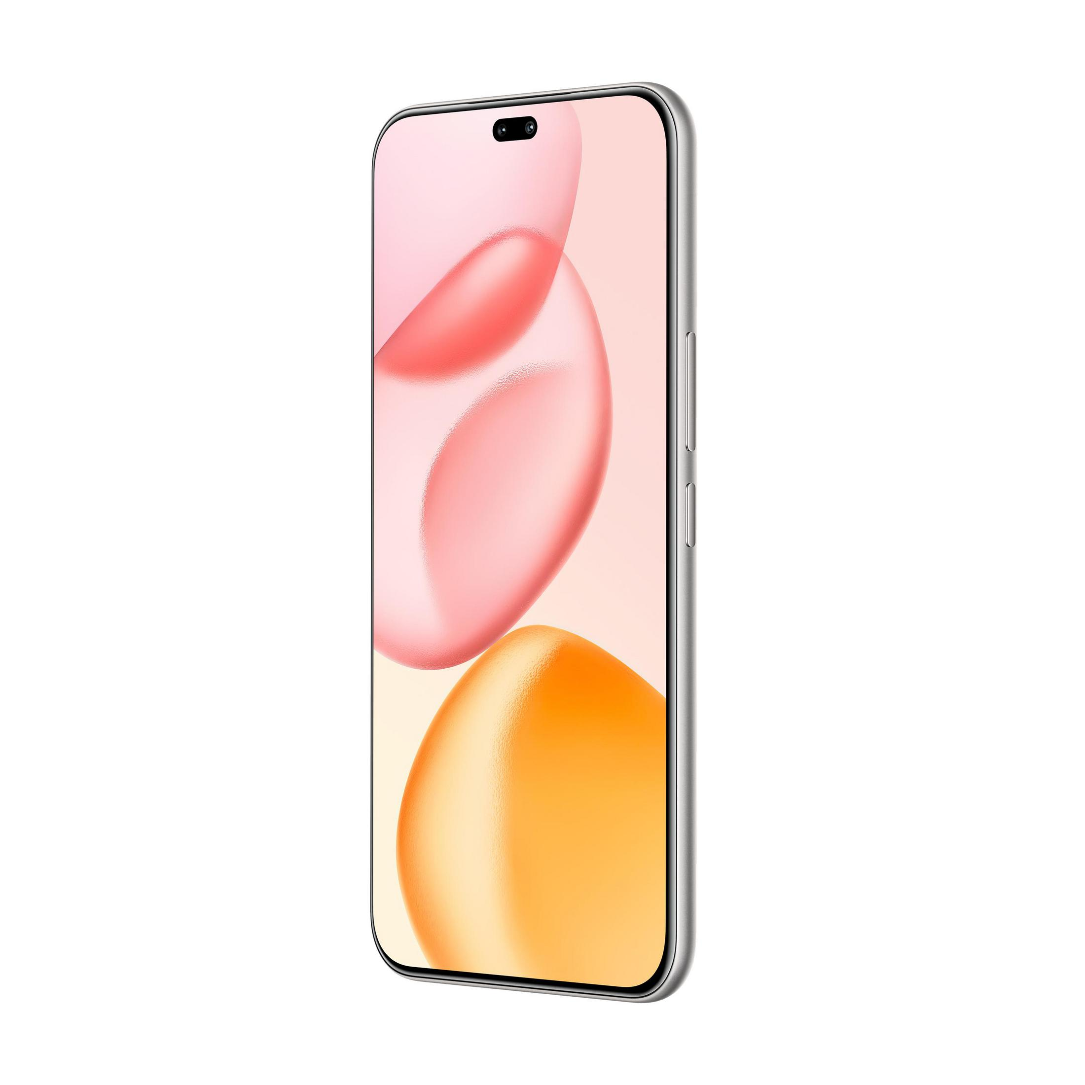 Pokazano smartfon z ekranem z różowo-pomarańczowym gradientem. Telefon jest srebrny i ma wycięcie na aparat u góry.