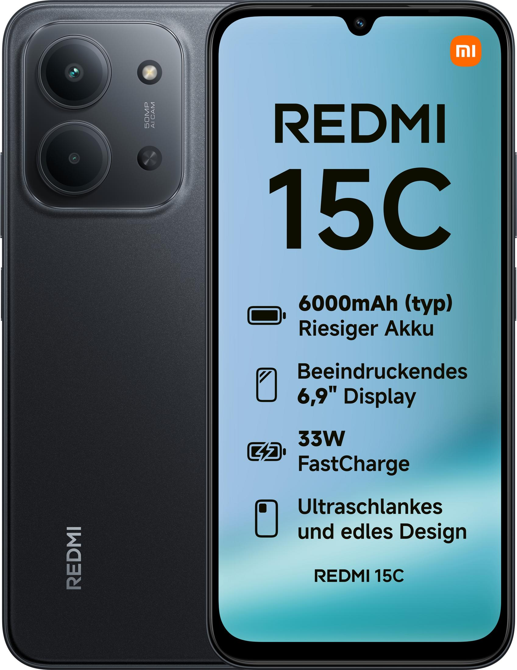 Een zwarte Redmi 15C-telefoon. Het scherm toont functies: 6000mAh batterij, 6,9" display, 33W FastCharge en slank design.