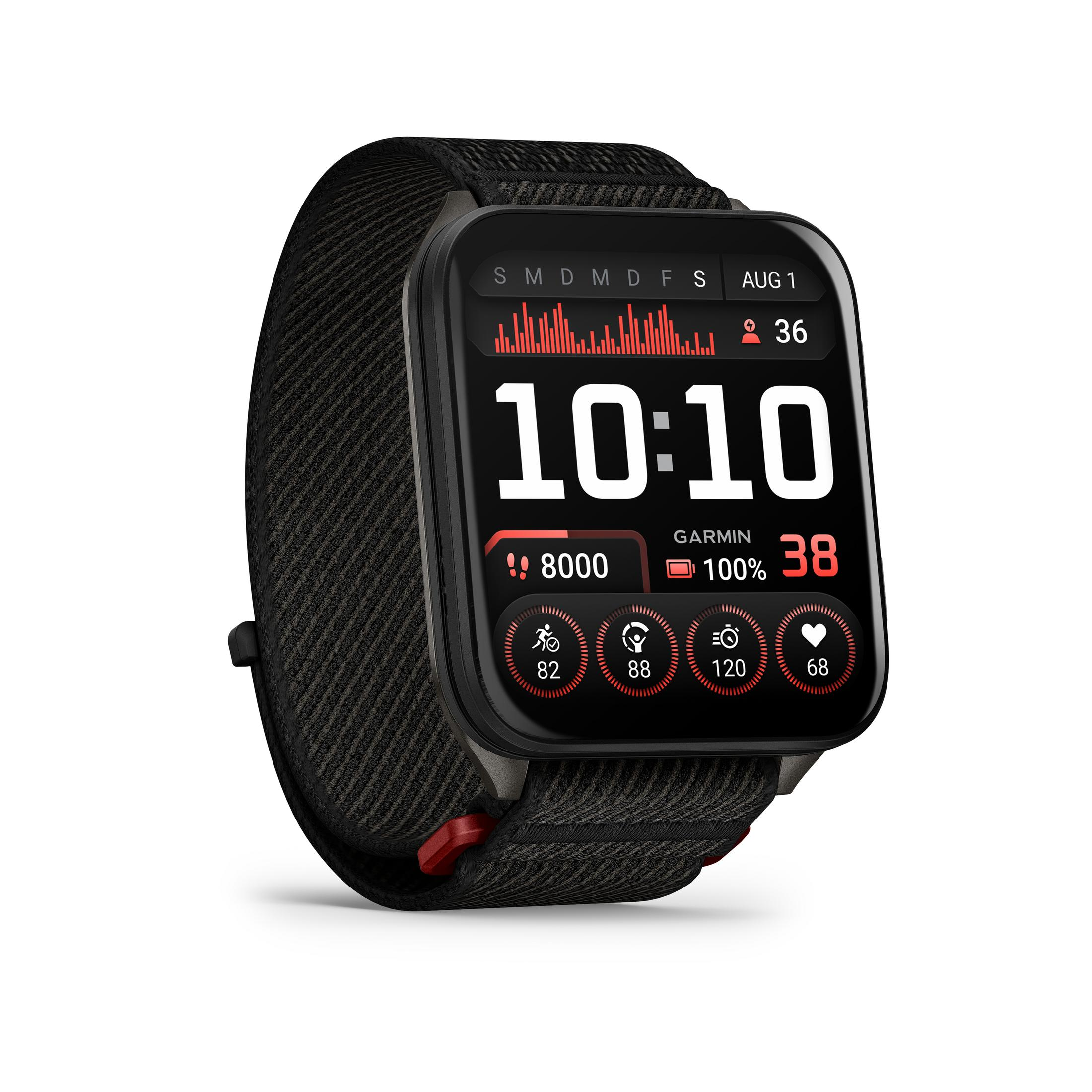 Eine Garmin-Smartwatch zeigt Zeit, Datum und Gesundheitsmetriken an. Schwarzes Armband, schwarzes Zifferblatt mit weißen und roten Zahlen.