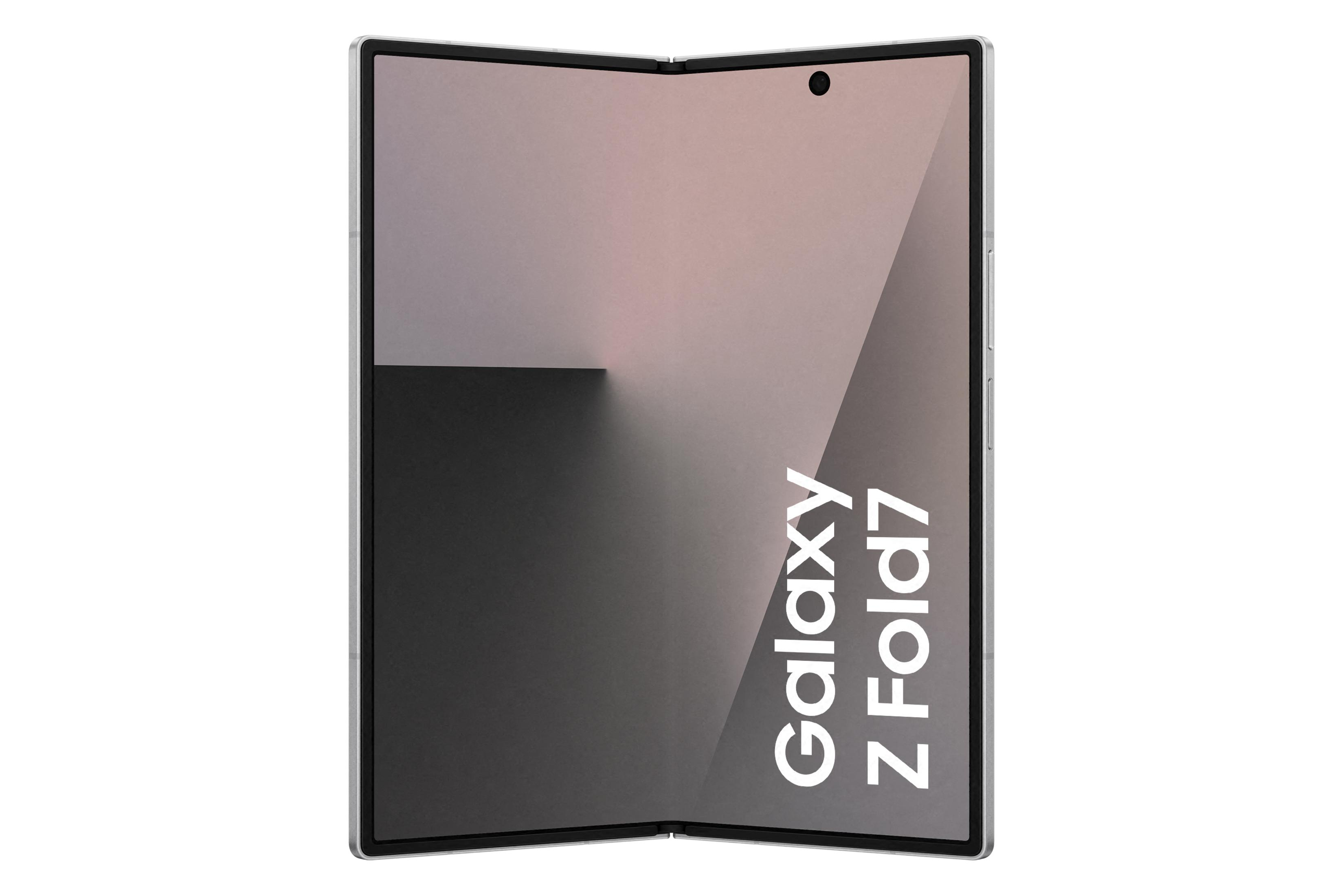 Rozłożony składany smartfon, Galaxy Z Fold7, jasnoszara ramka, różowo-szary ekran, czarny cień, białe tło.