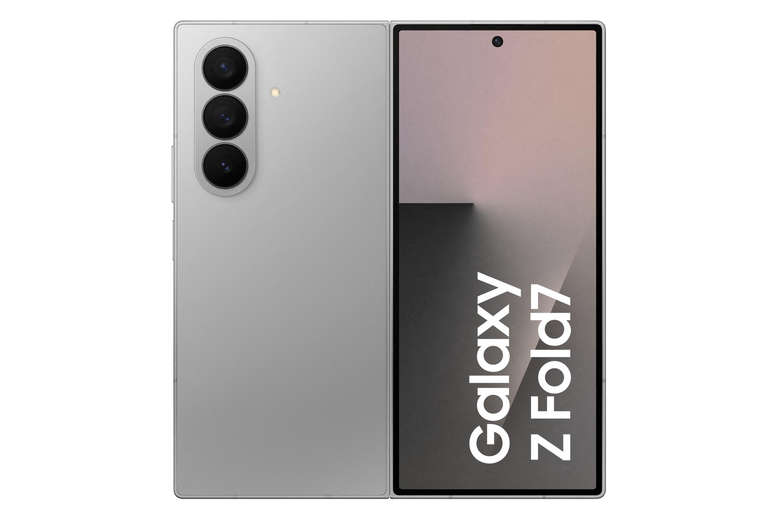 Srebrny smartfon Galaxy Z Fold7, otwarty. Ekran wyświetla nazwę telefonu. Trzy obiektywy kamery z tyłu.