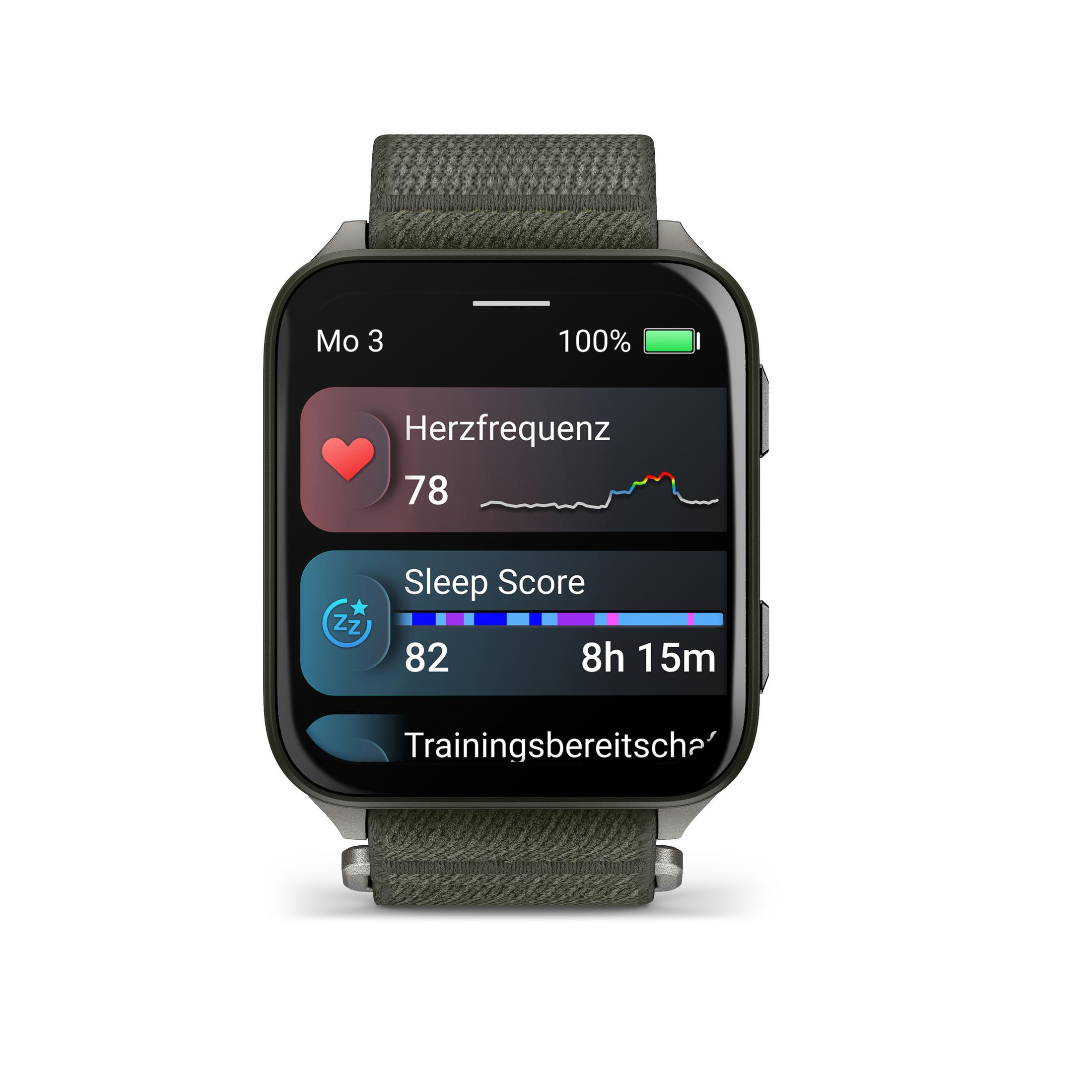Smartwatch zeigt Herzfrequenz, Schlaf-Score und Trainingsbereitschaft. Die Uhr hat ein grünes Armband und ein schwarzes Zifferblatt.