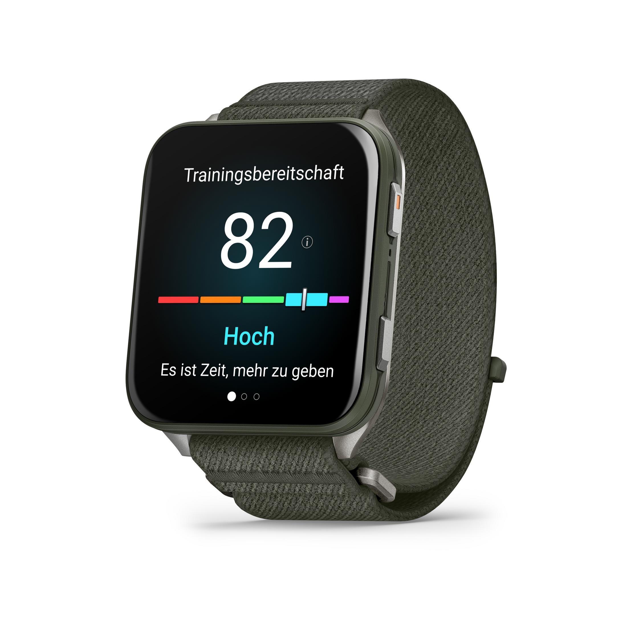 Eine Smartwatch zeigt die Bereitschaft '82' auf dem Bildschirm an. Sie hat ein grünes Stoffarmband und eine silberne Lünette.