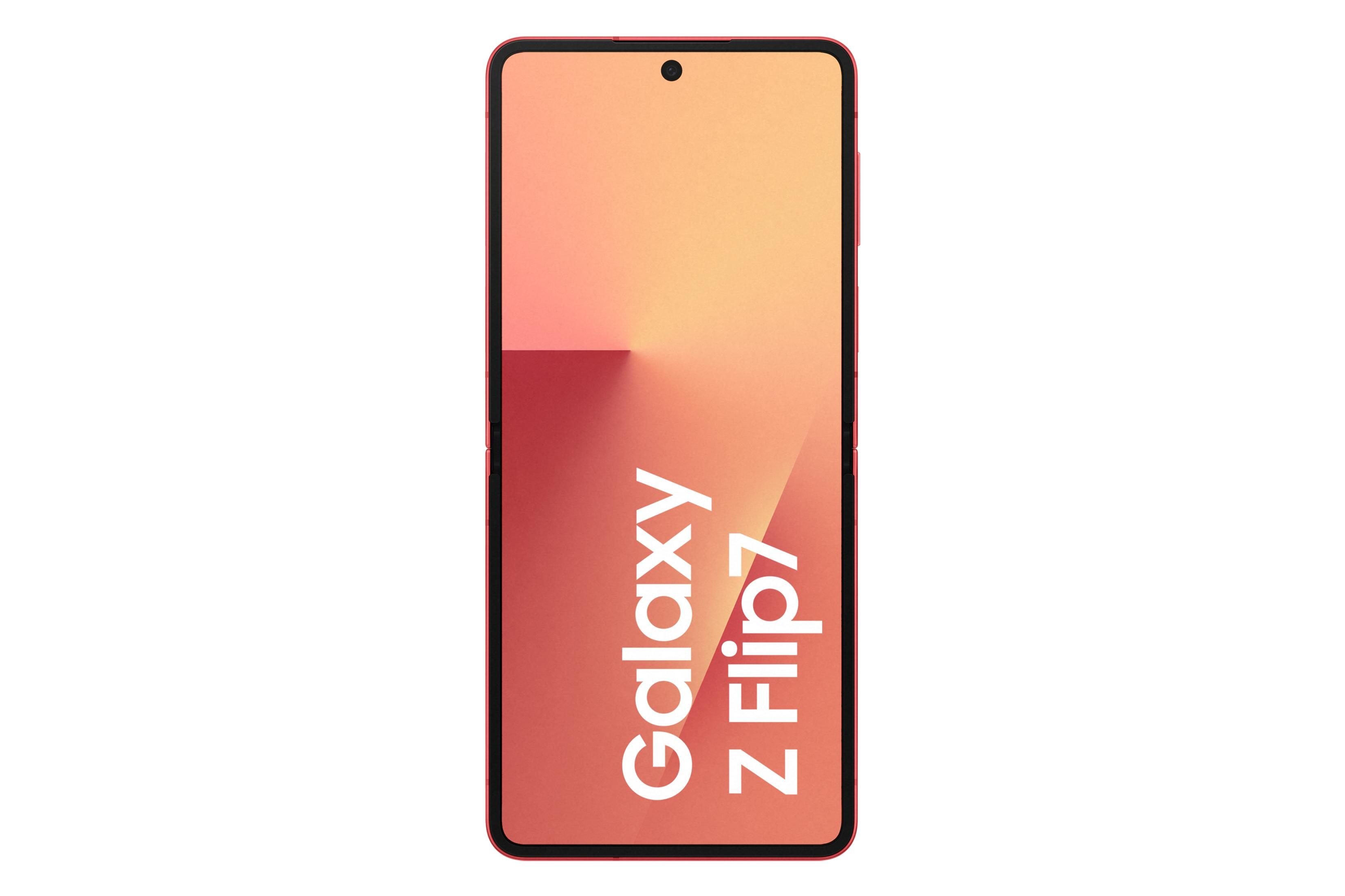 Czerwony telefon z napisem Galaxy Z Flip7 na ekranie. Tło to gradient pomarańczu i brzoskwini.