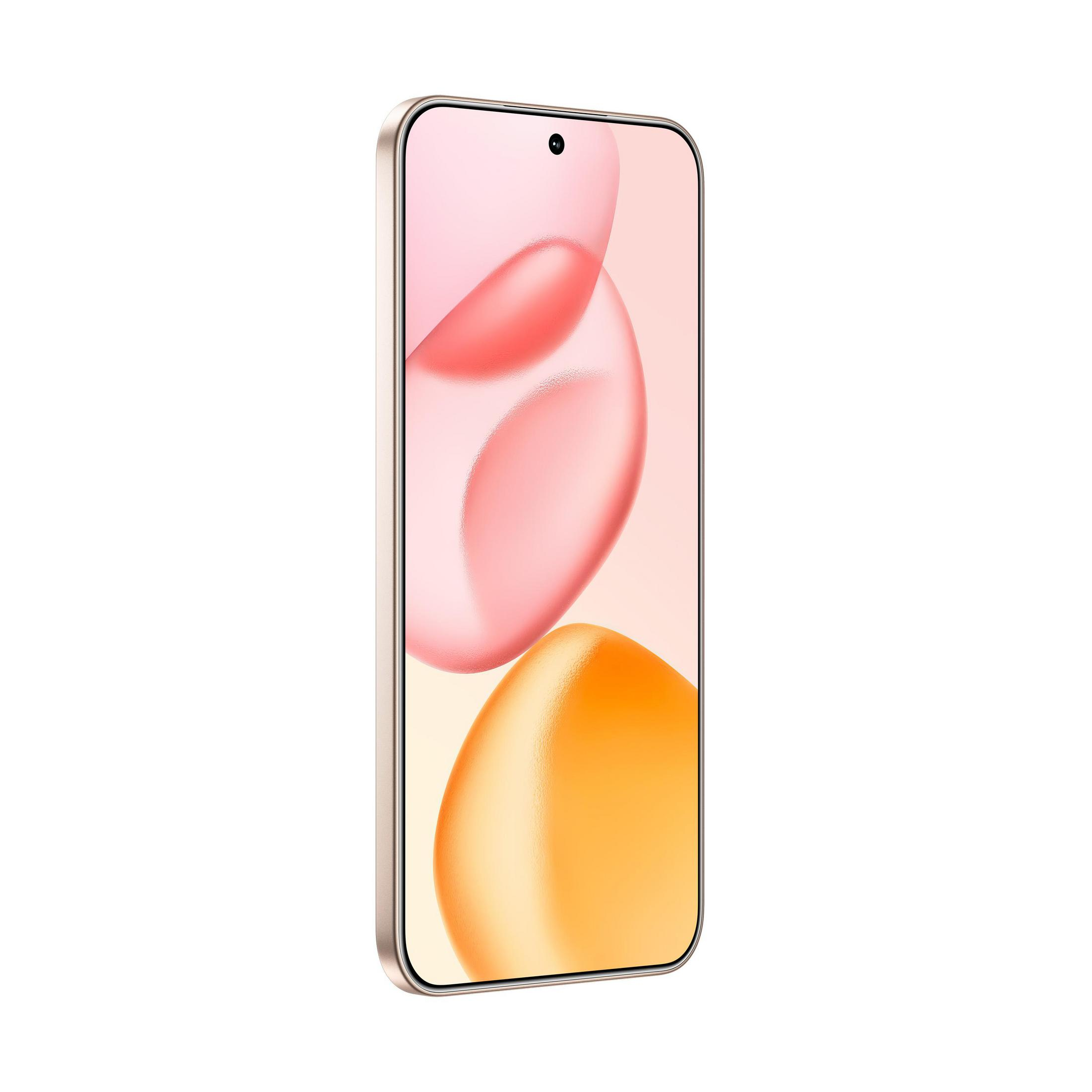 Smartfon z gradientowym ekranem w kolorze różowym i pomarańczowym, czarną kropką aparatu i złotą ramką. Na białym tle.