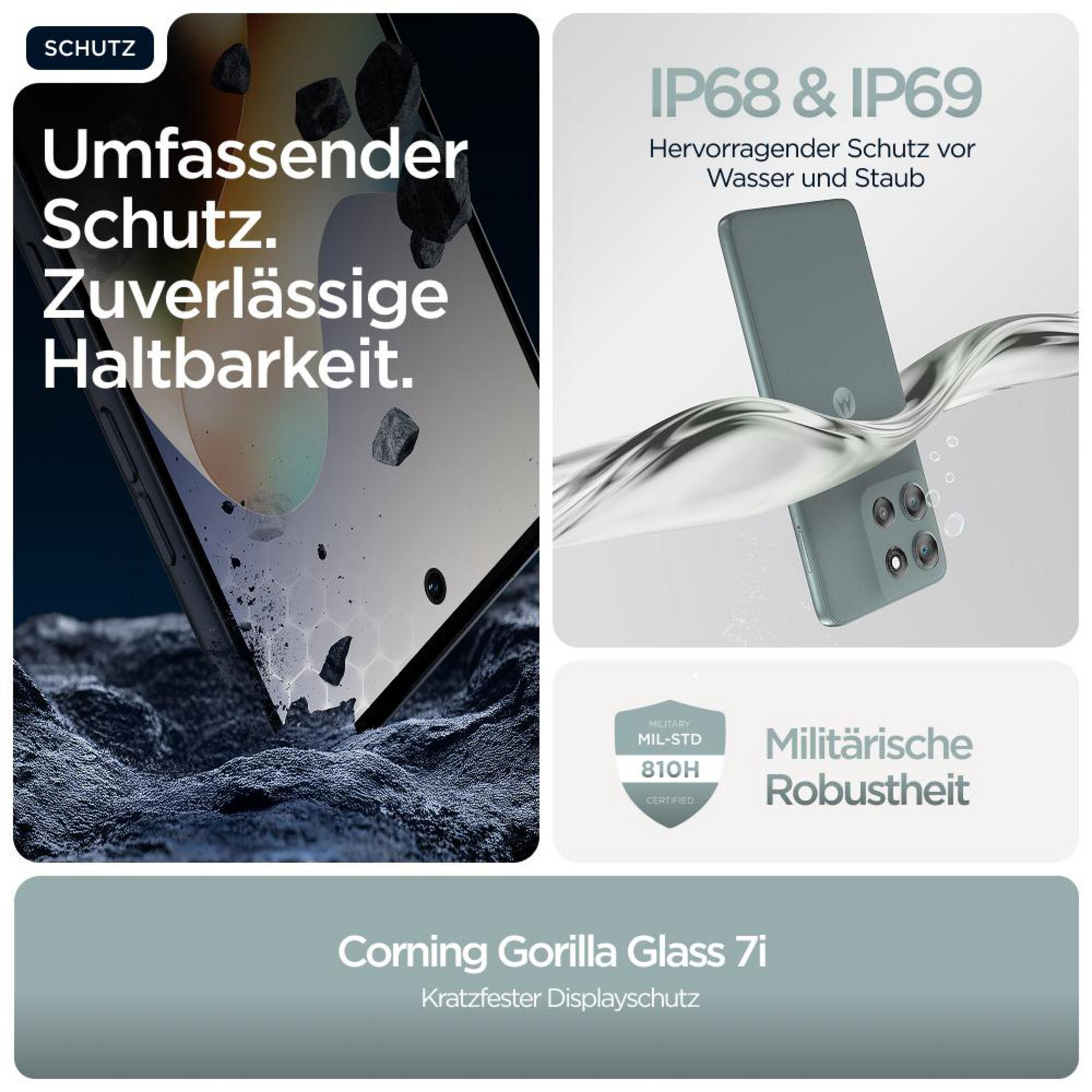 Etui na telefon z telefonem, spadającymi kamieniami i tekstem o ochronie i trwałości. Corning Gorilla Glass 7i.