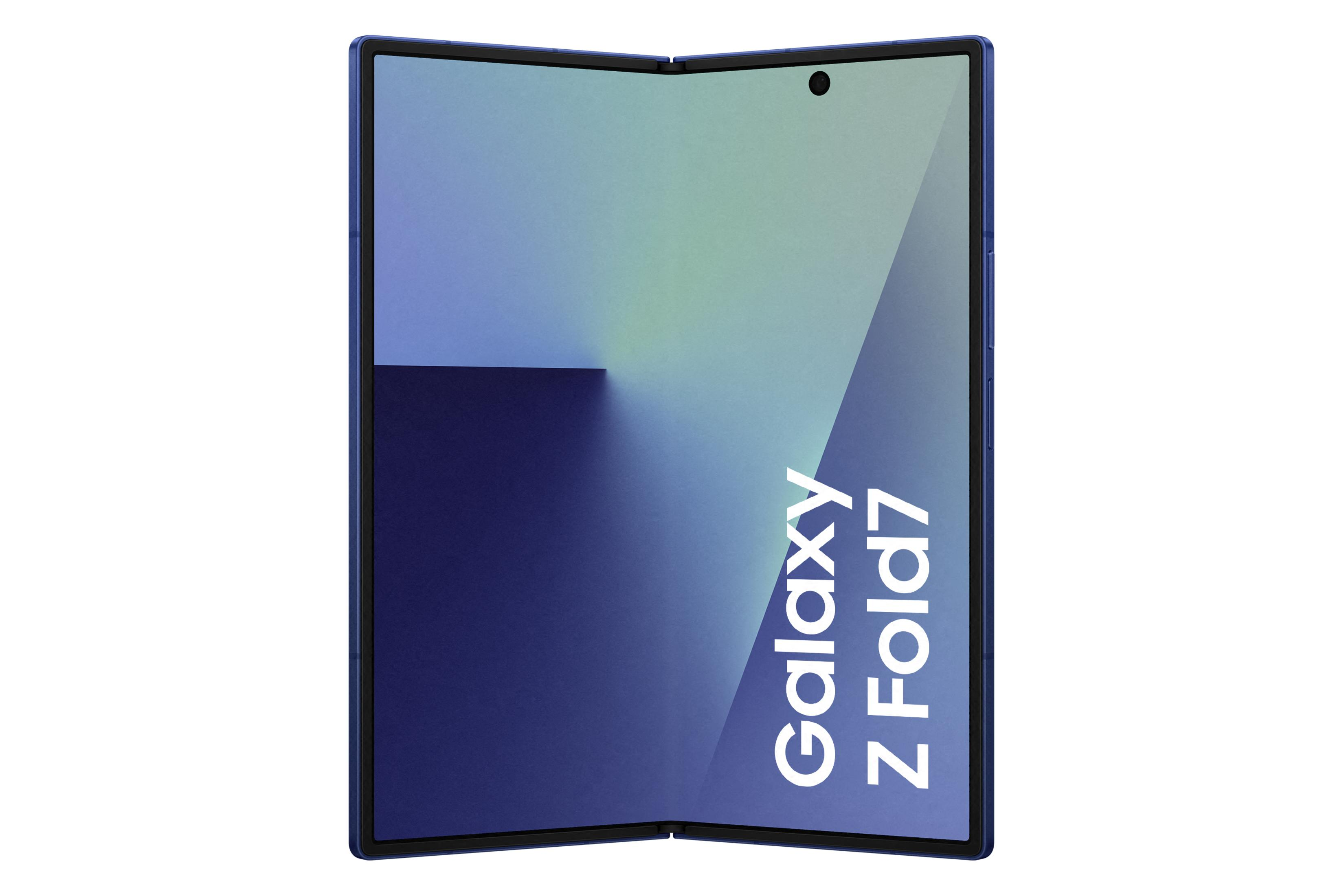 Otwarty, ciemnoniebieski telefon Samsung Galaxy Z Fold7, wyświetlający gradientowy ekran. Telefon na białym tle.