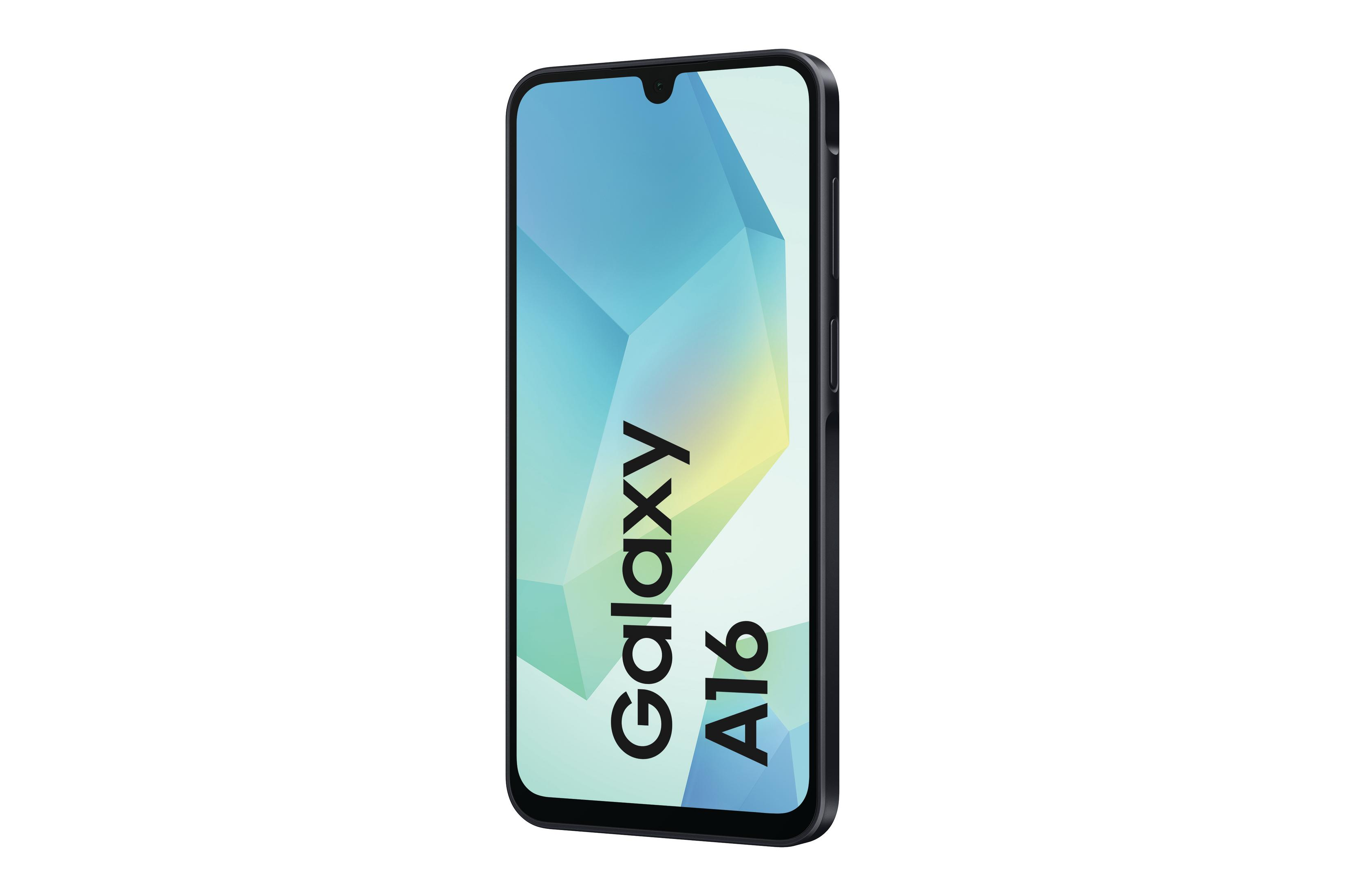 Smartfon Samsung Galaxy A16 jest pokazany na białym tle. Ekran wyświetla niebiesko-biały wzór.