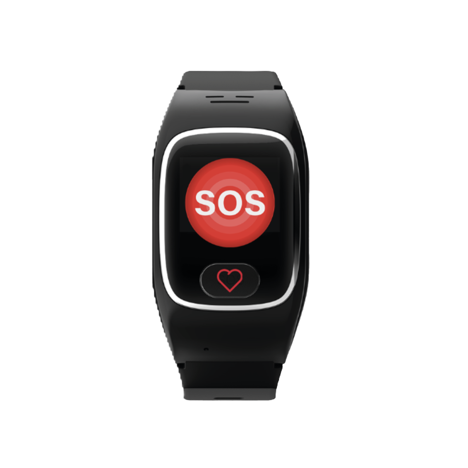 Schwarze Smartwatch mit SOS-Taste und Herzsymbol auf dem Bildschirm. Weißer Rand. Schwarzes Armband.