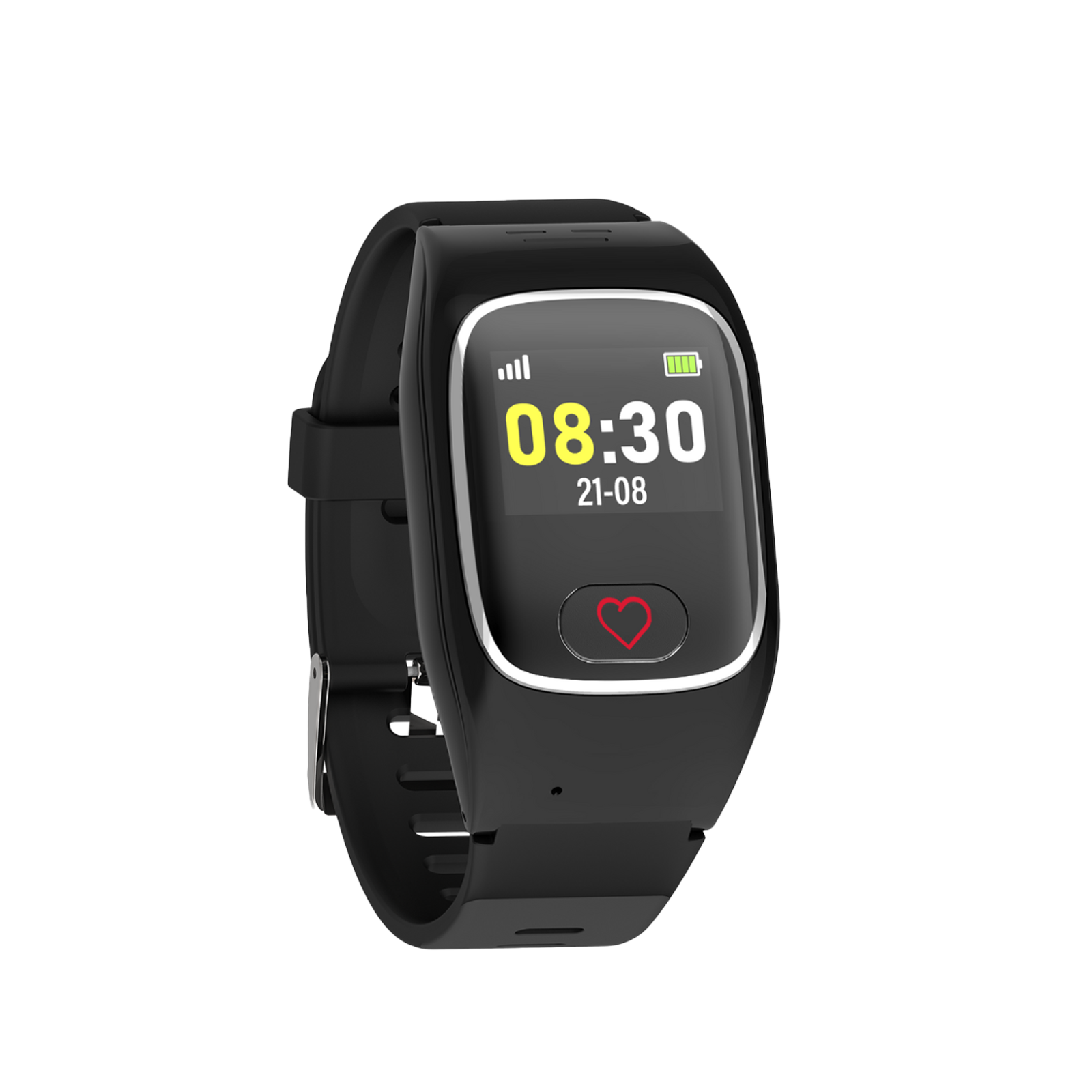 Eine schwarze Smartwatch, die die Uhrzeit 08:30 und ein rotes Herzsymbol anzeigt. Der Akku ist voll. Die Uhr befindet sich auf weißem Hintergrund.