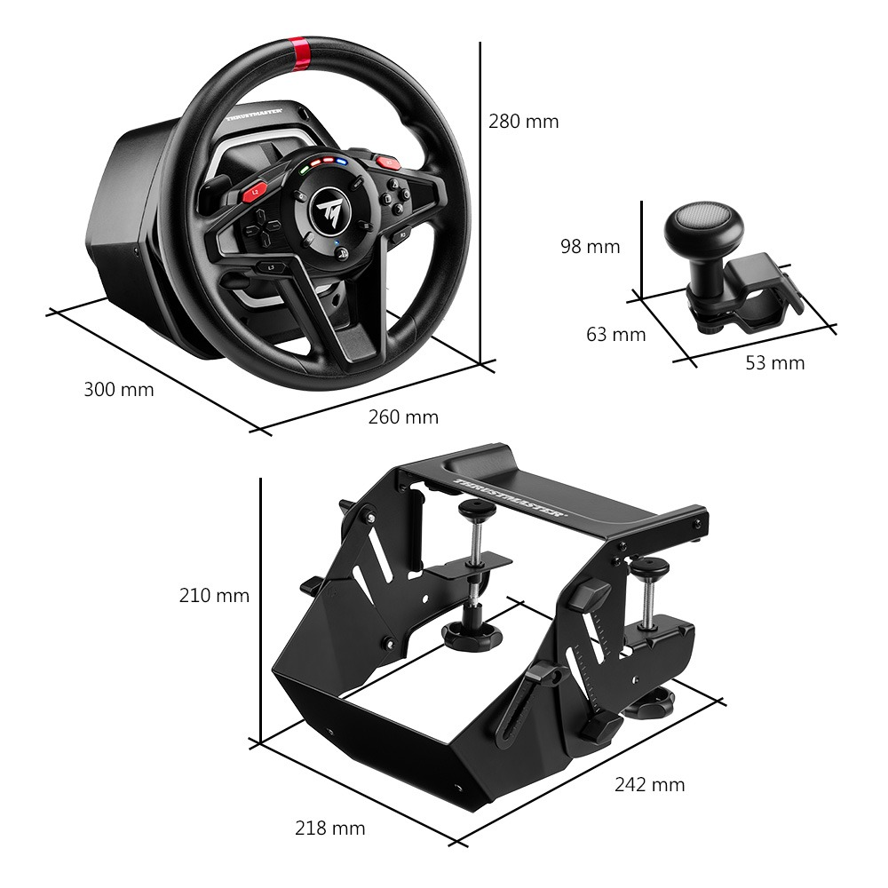 Un volante da corsa Thrustmaster nero, un piccolo joystick nero e un supporto nero con dimensioni in millimetri.