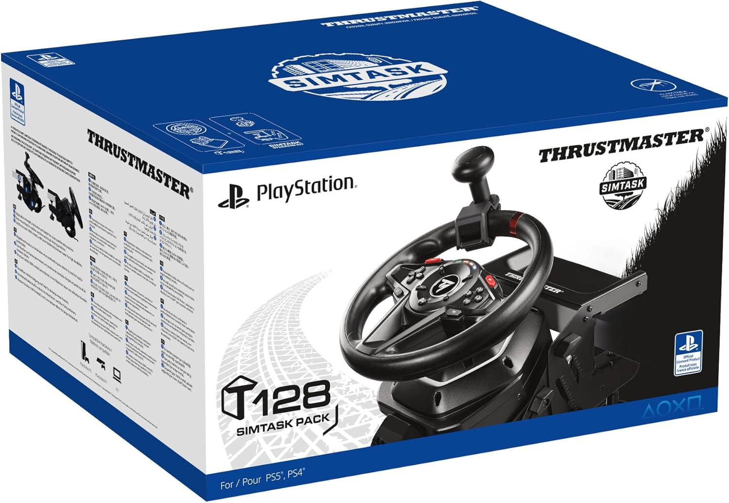 Una scatola Thrustmaster Simtask. Presenta un volante e il logo PlayStation. La scatola è blu e nera.