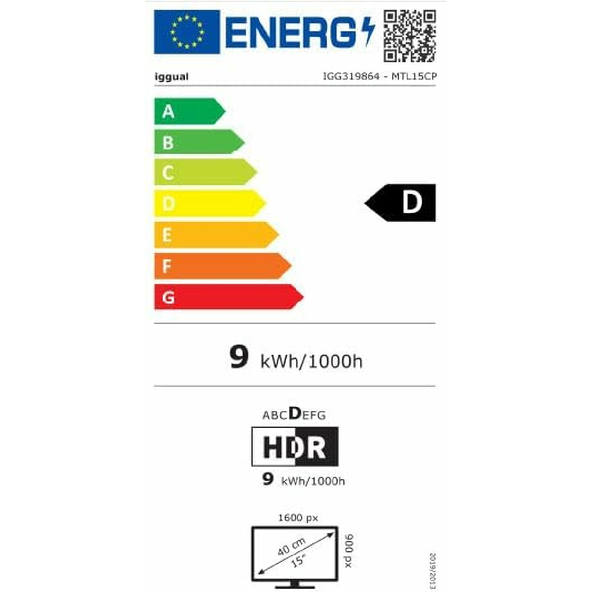 Energielabel. Zeigt Energieeffizienzklassen A-G, eine D-Bewertung und weitere Details wie kWh/1000h und HDR.