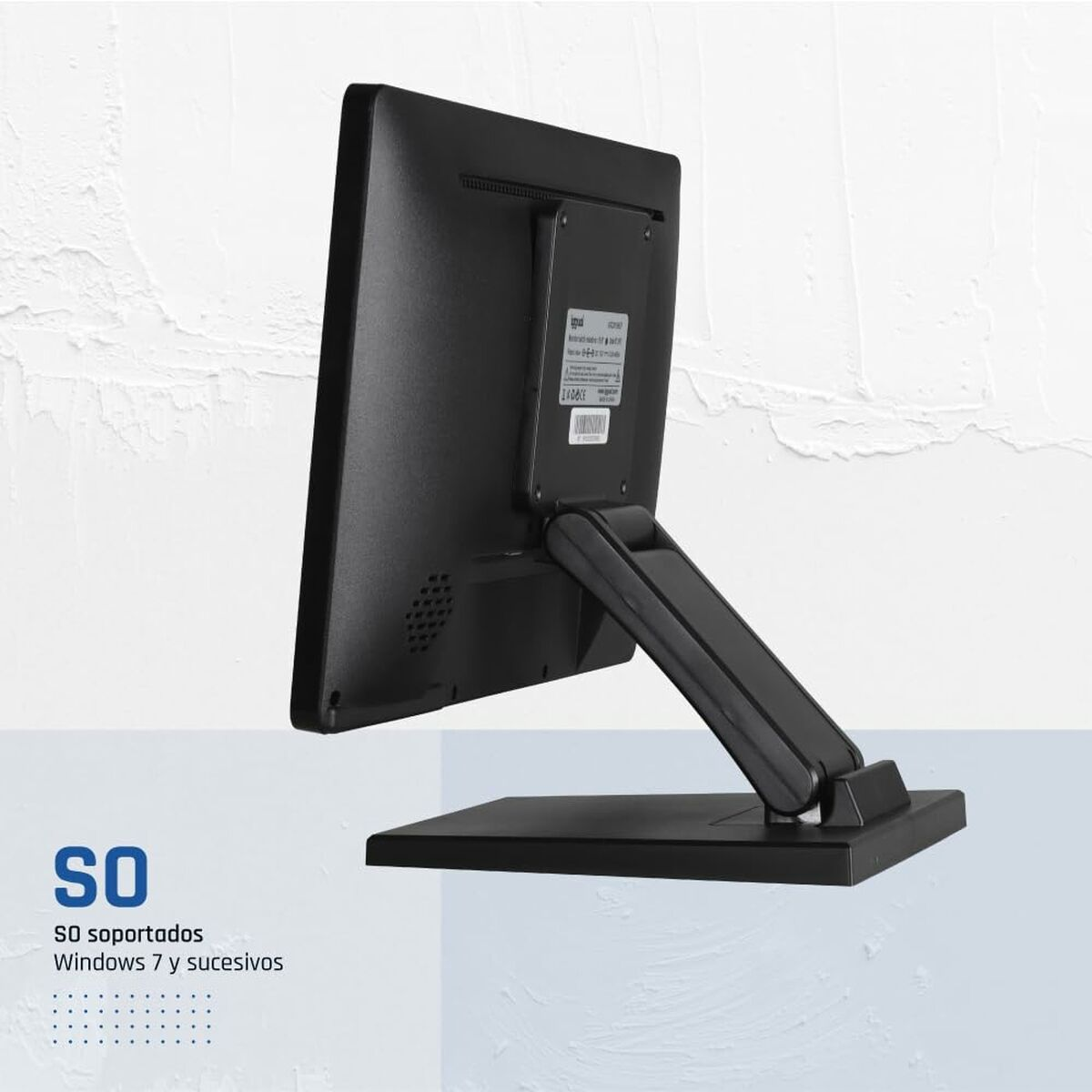 Ein schwarzer Computermonitor mit Ständer steht auf einer weißen Oberfläche. Die Rückseite des Monitors ist sichtbar, mit Etiketten und einem Stützarm.
