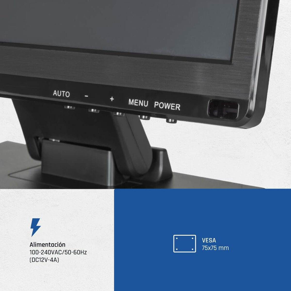 Ein Monitor mit Steuertasten, ein blaues Blitzsymbol mit Text und ein blaues Quadrat mit Text, alles auf weißem Hintergrund.