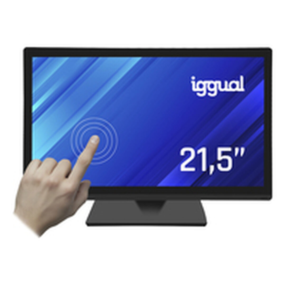 Eine Hand berührt einen 21,5" Touchscreen-Monitor mit blauem Farbverlauf. Auf dem Bildschirm ist das Logo „igggual“ zu sehen.