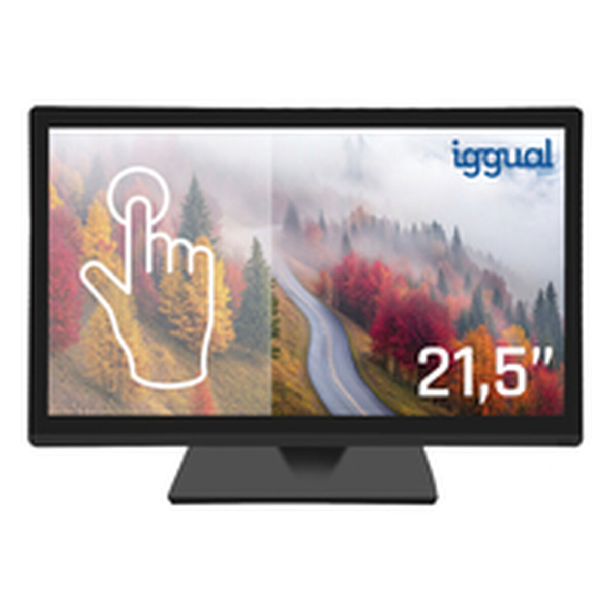 Ein 21,5-Zoll-Monitor zeigt eine Touchscreen-Oberfläche mit einem Hand-Symbol. Der Hintergrund zeigt eine Straße durch Herbstlaub.